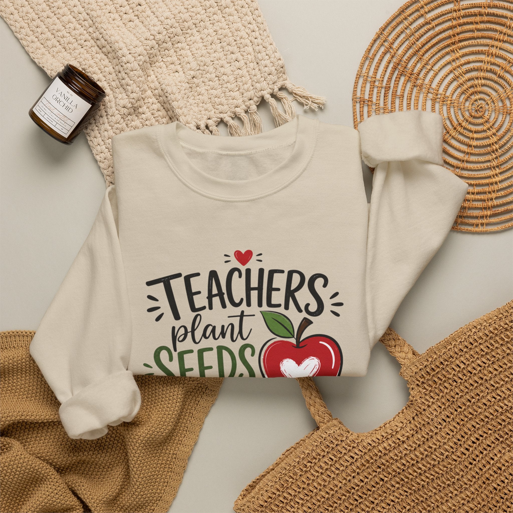 Teacher Sweatshirt — "Teachers Plant Seeds That Grow Forever" Apple Crewneck (Growing Hearts & Minds)