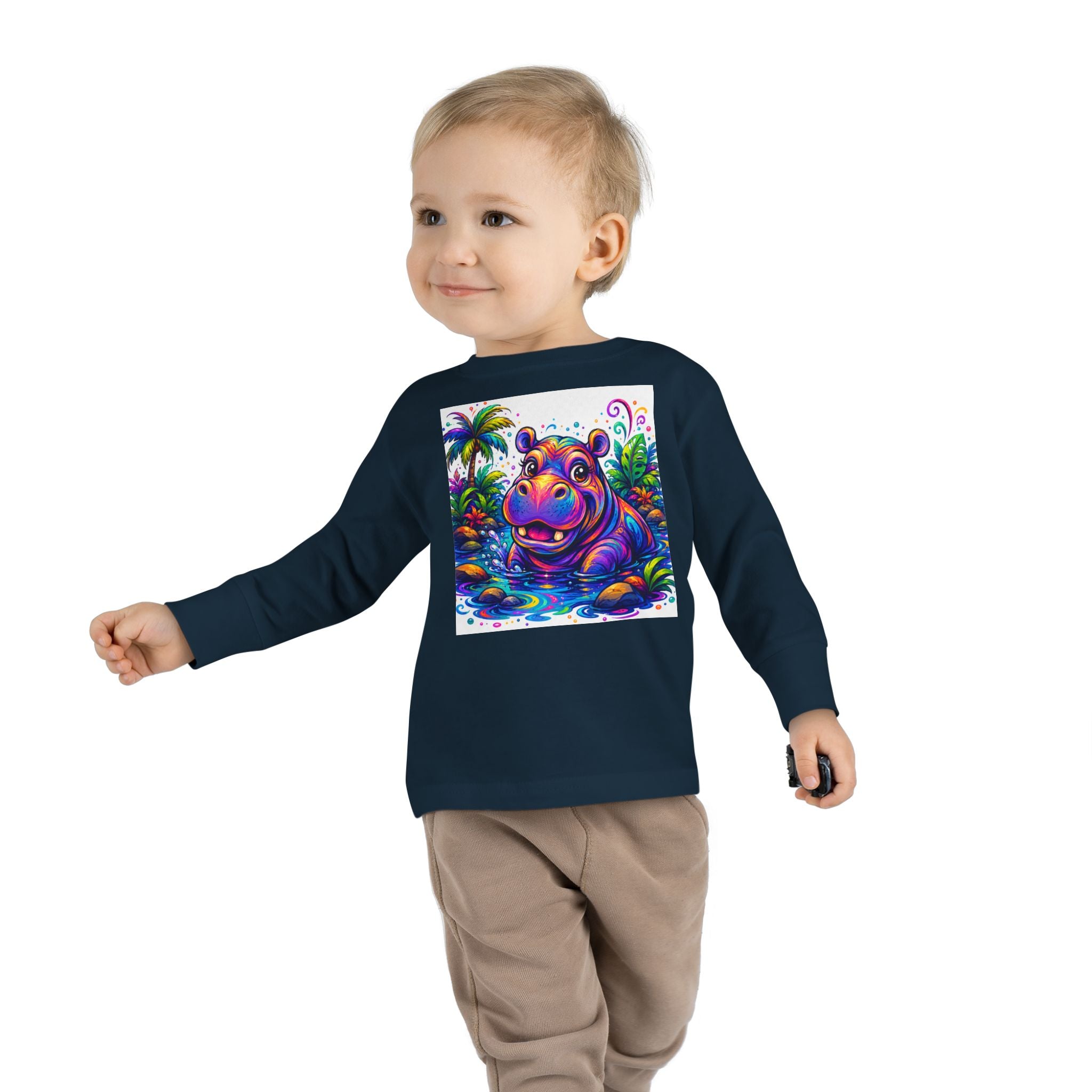 Colorful Hippo Toddler Long Sleeve Tee — Vibrant Jungle Animal Shirt for Kids