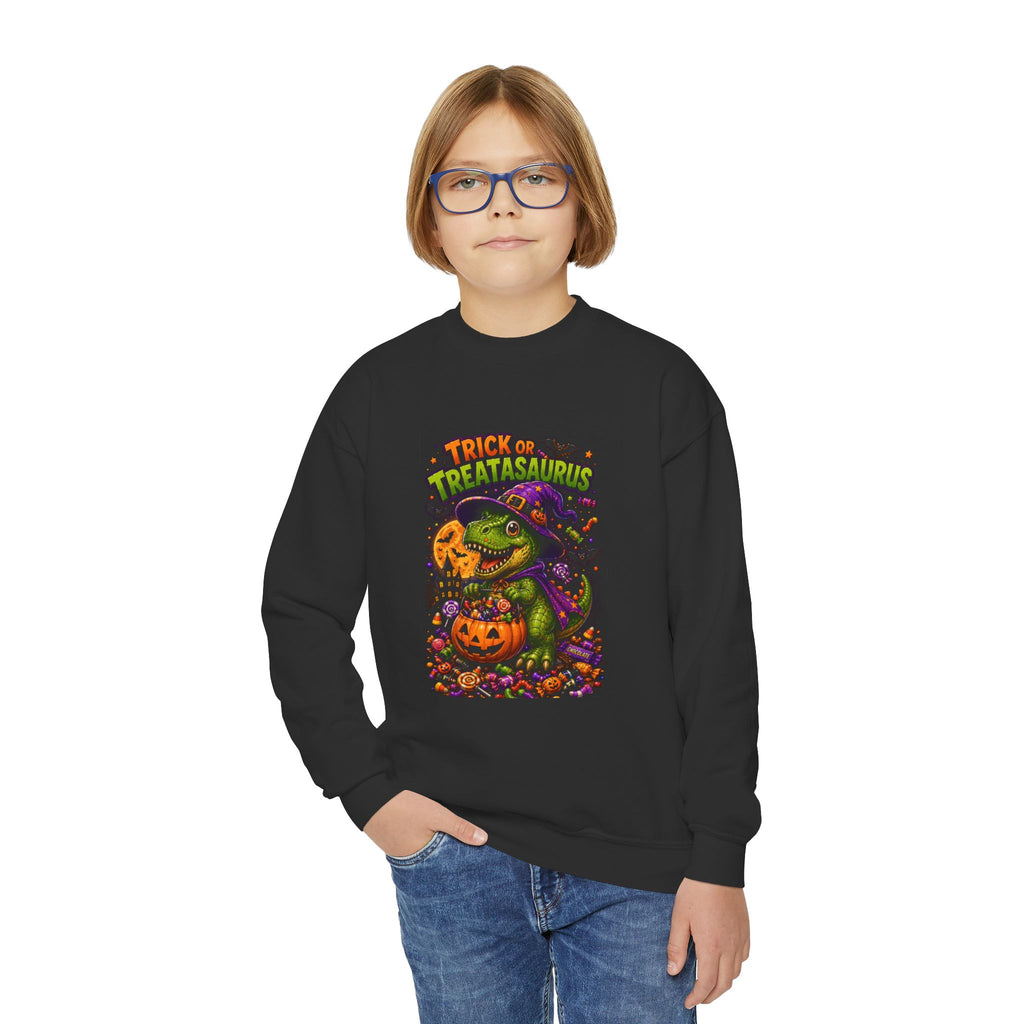 Youth Halloween Sweatshirt — "Trick or Treatasaurus" Dino Pumpkin Crewneck