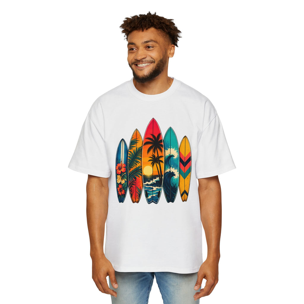 Surfboard Graphic Tee — Vintage Tropical Beach Shirt for Men