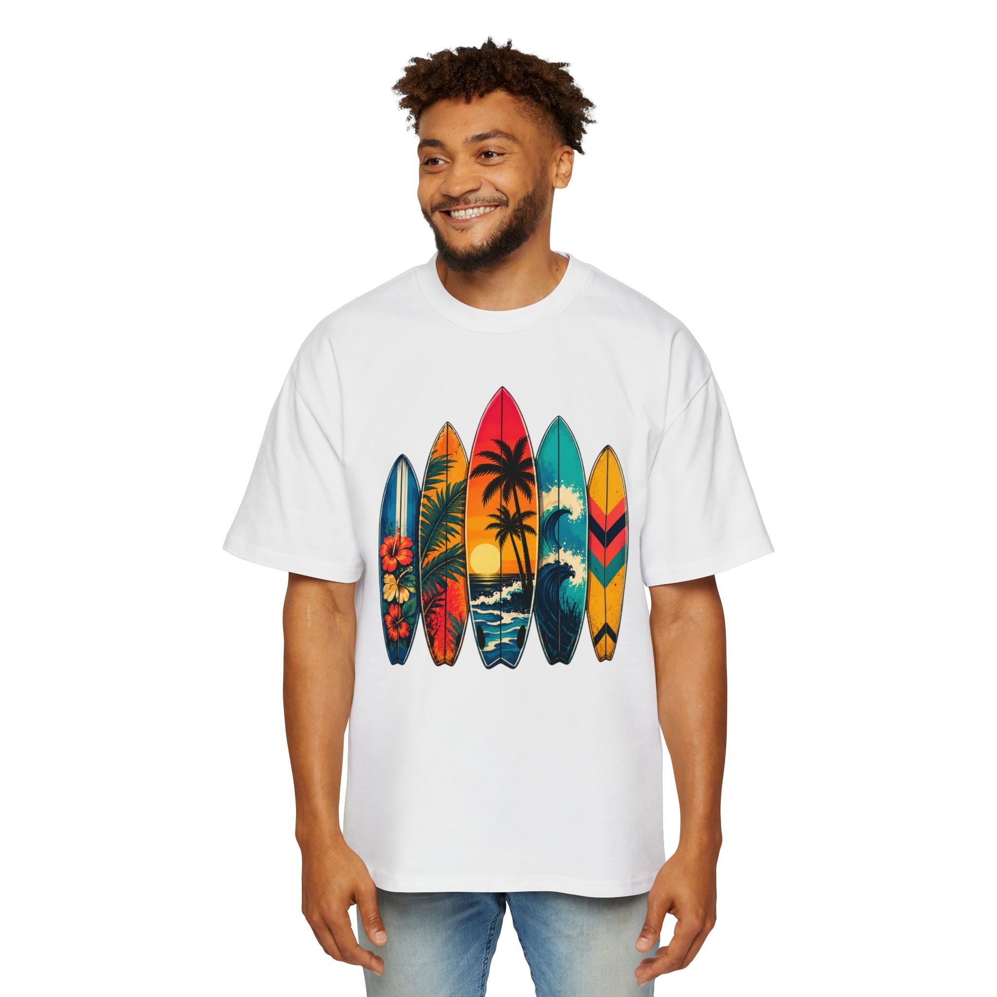 Surfboard Graphic Tee — Vintage Tropical Beach Shirt for Men