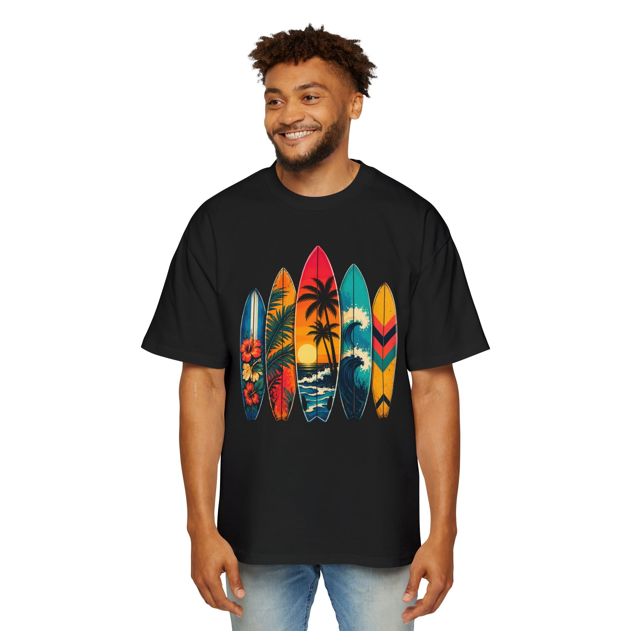 Surfboard Graphic Tee — Vintage Tropical Beach Shirt for Men