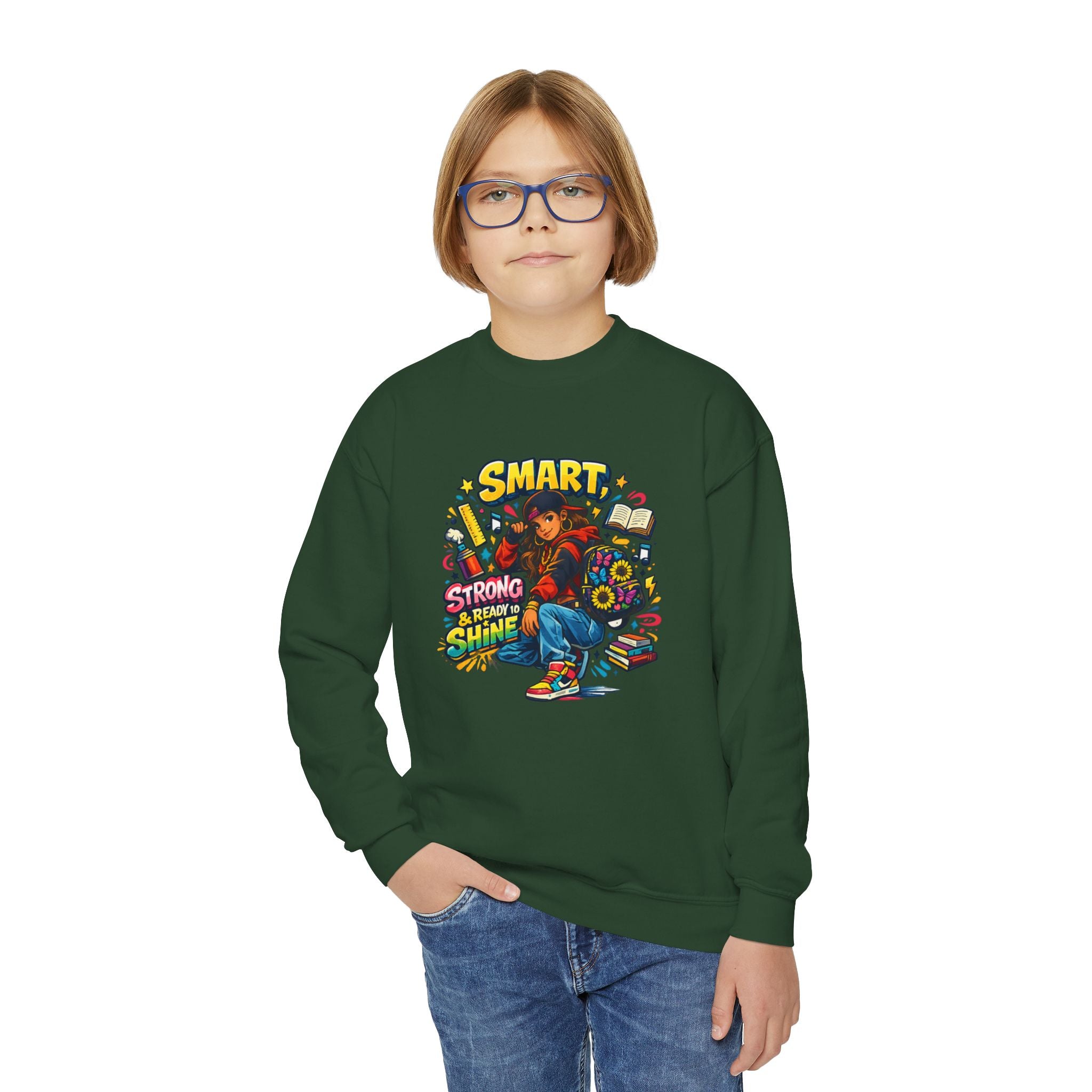 Youth Crewneck Sweatshirt — "Smart, Strong & Brave" Colorful Skateboard Graphic