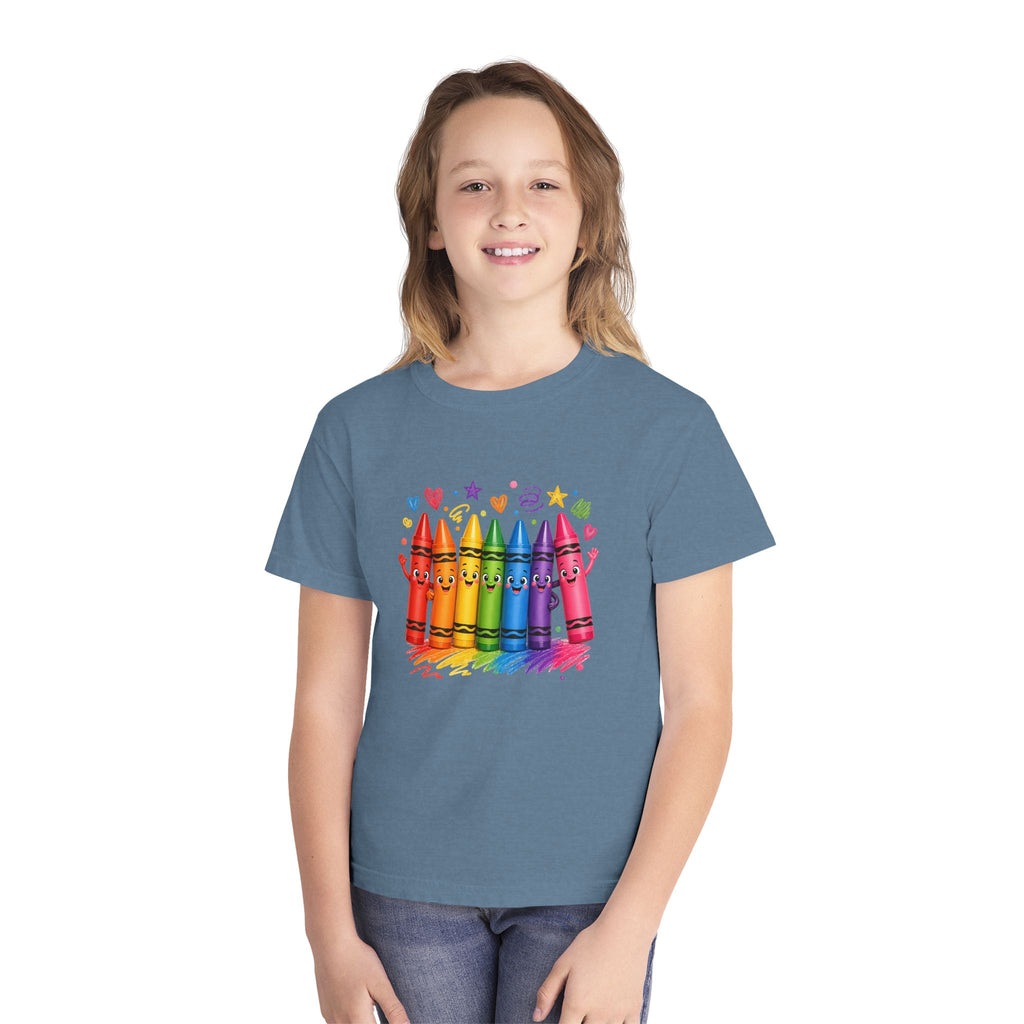 Crayon Crew Kids T‑Shirt — Colorful Rainbow Crayon Friends Tee