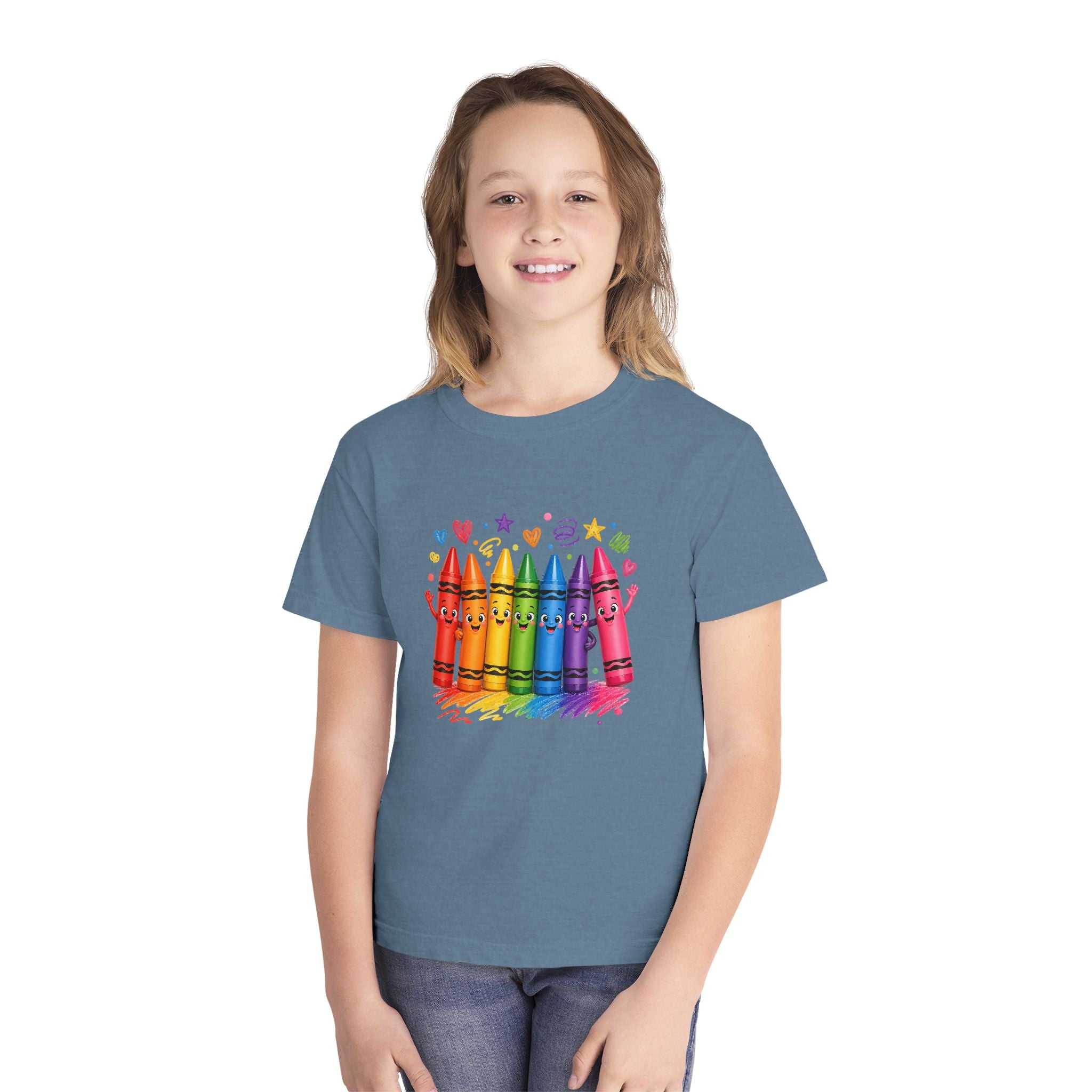 Crayon Crew Kids T‑Shirt — Colorful Rainbow Crayon Friends Tee