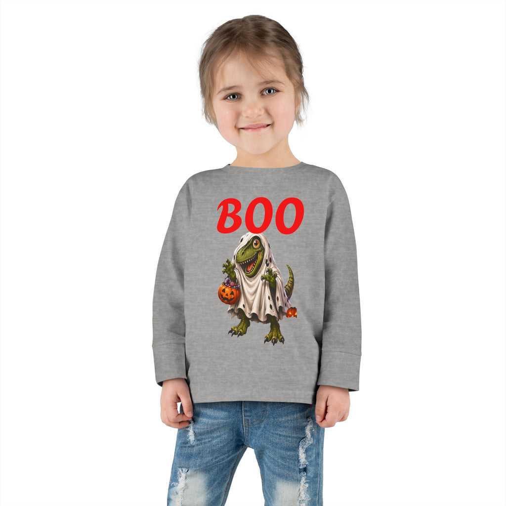 Halloween Toddler Long Sleeve Tee — Cute Dinosaur Ghost "BOO!" Halloween Shirt