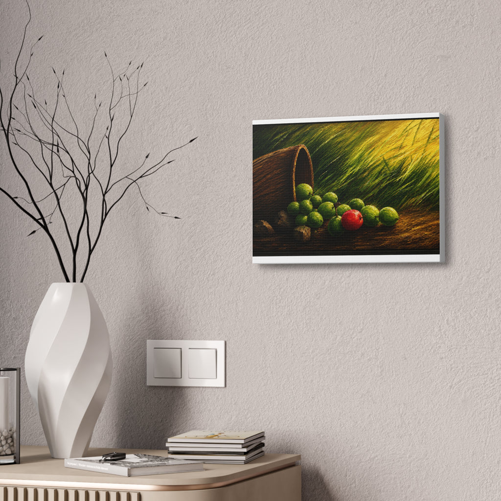 Still Life Canvas Print – Rustic Fallen Basket with Green and Red Fruit, Stretched 1.5"