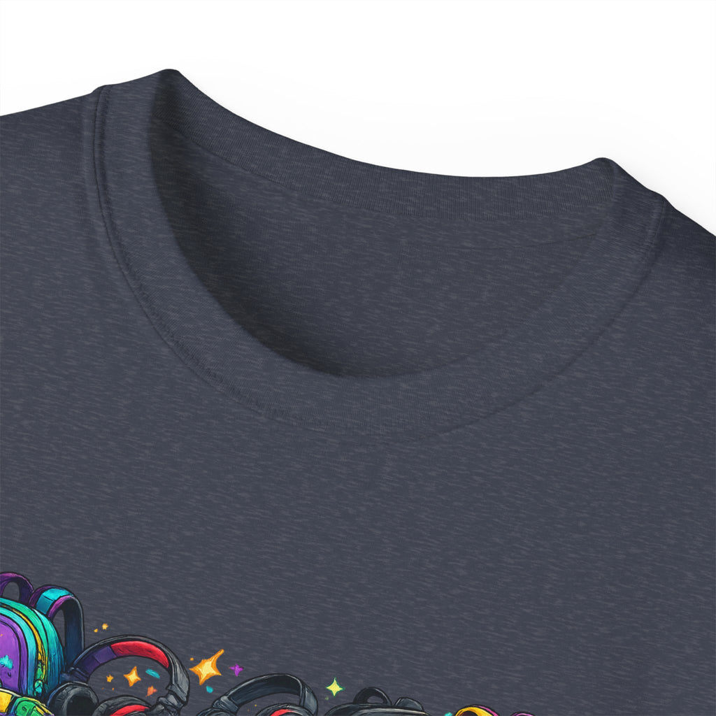 Colorful Sneaker Stack Tee — Graphic Shoe & Backpack Illustration T‑Shirt