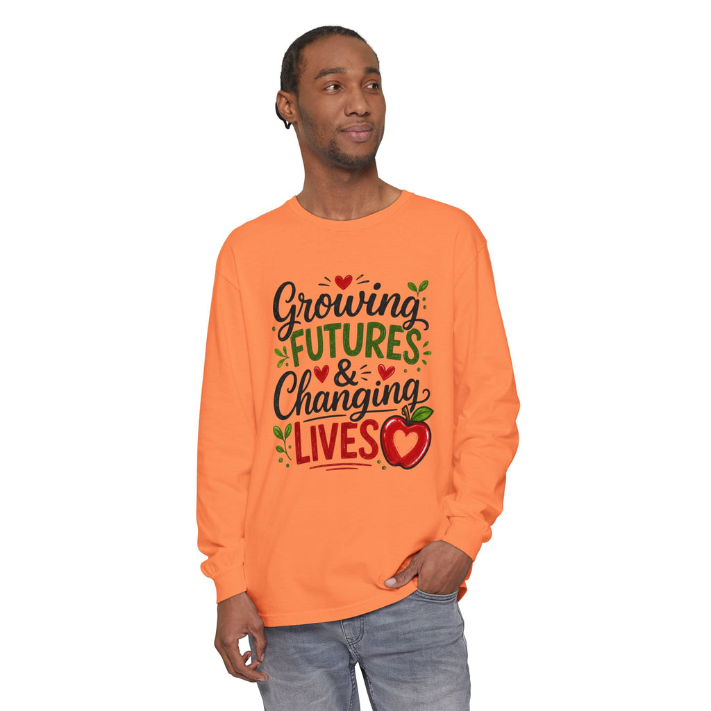 Growing Futures & Changing Lives Long Sleeve Tee — Teacher Appreciation Apple Design