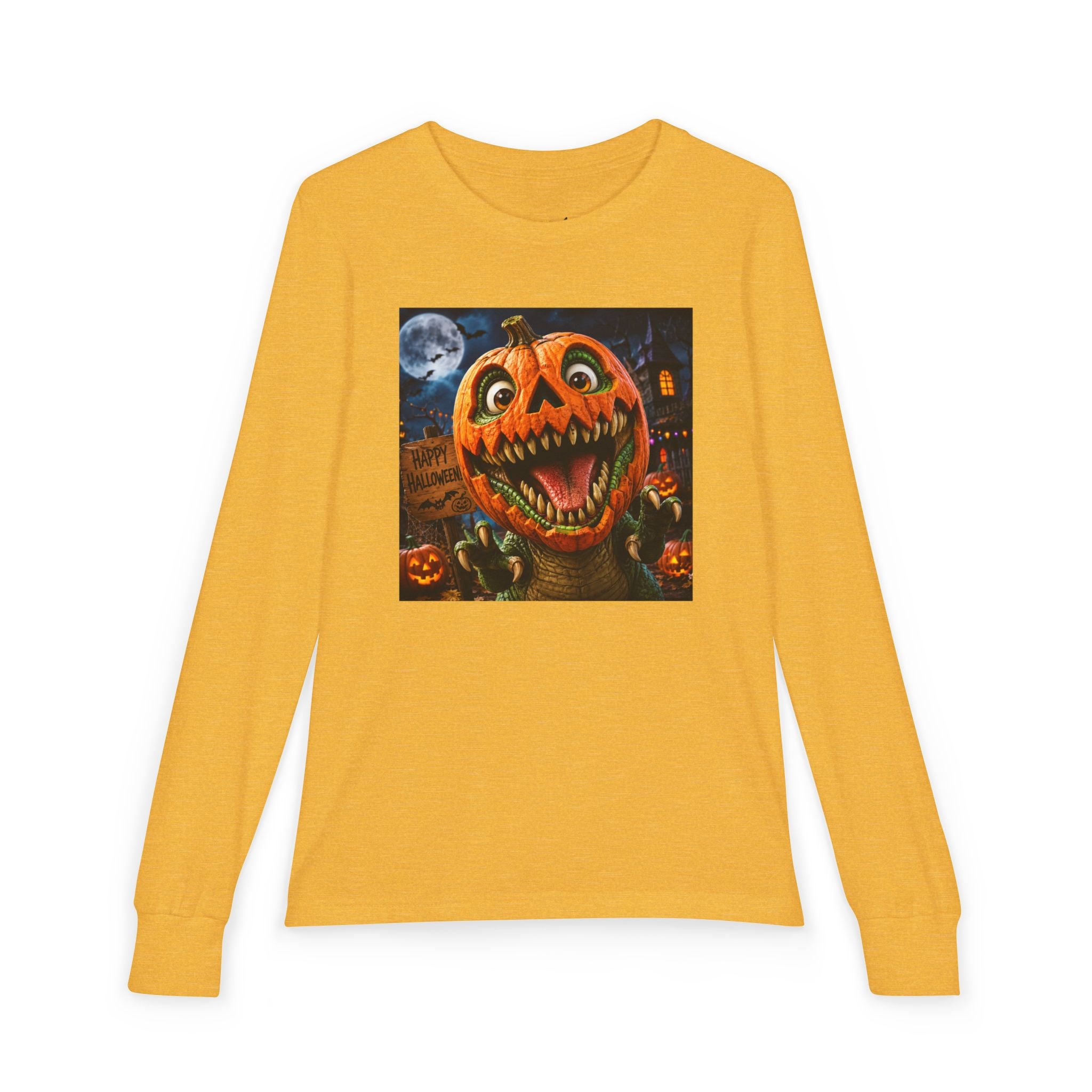 Youth Long Sleeve Tee — Spooky Dinosaur Jack-O'-Lantern Halloween Shirt (Custom Name)