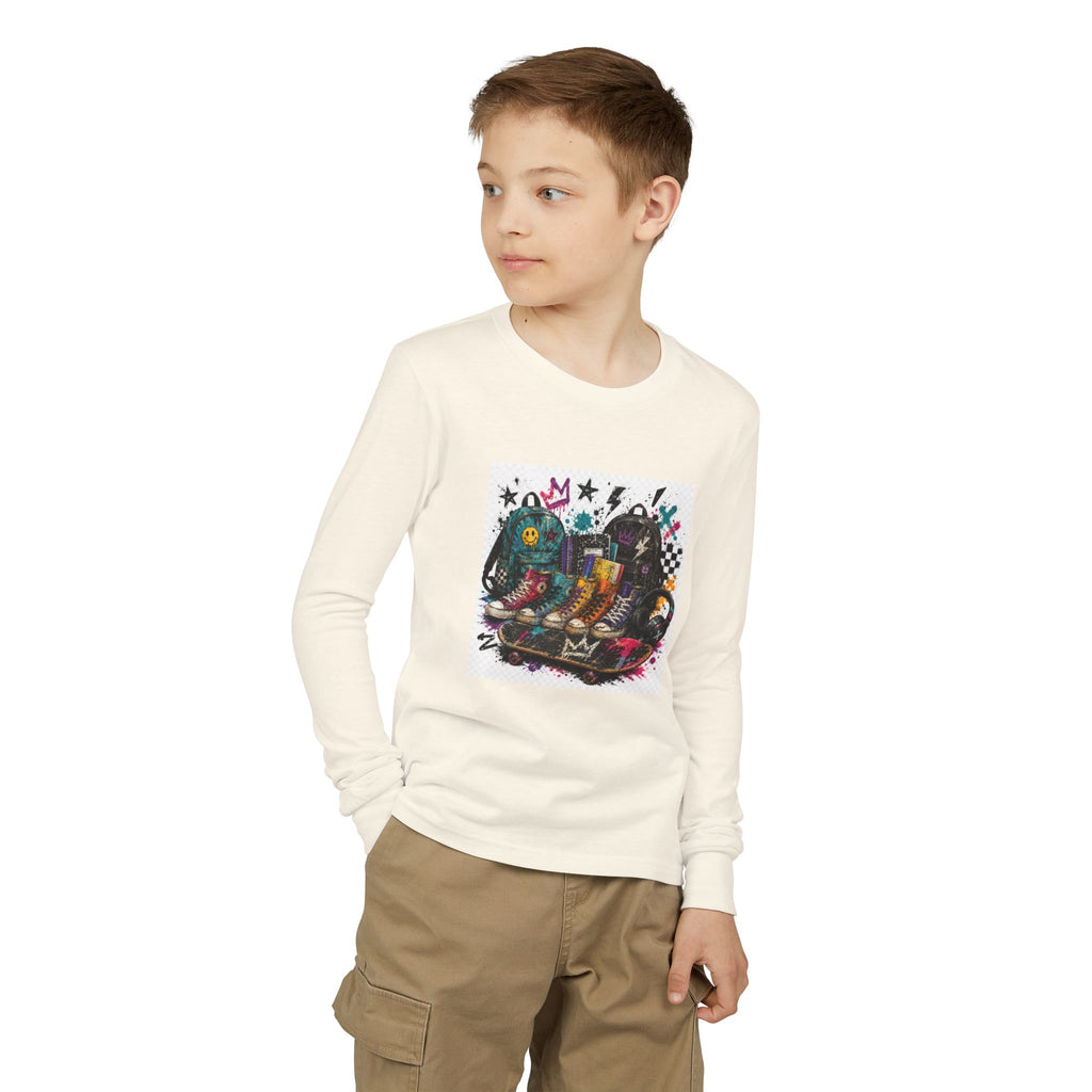 Youth Long Sleeve Tee — Colorful Skateboard & Sneakers Graphic