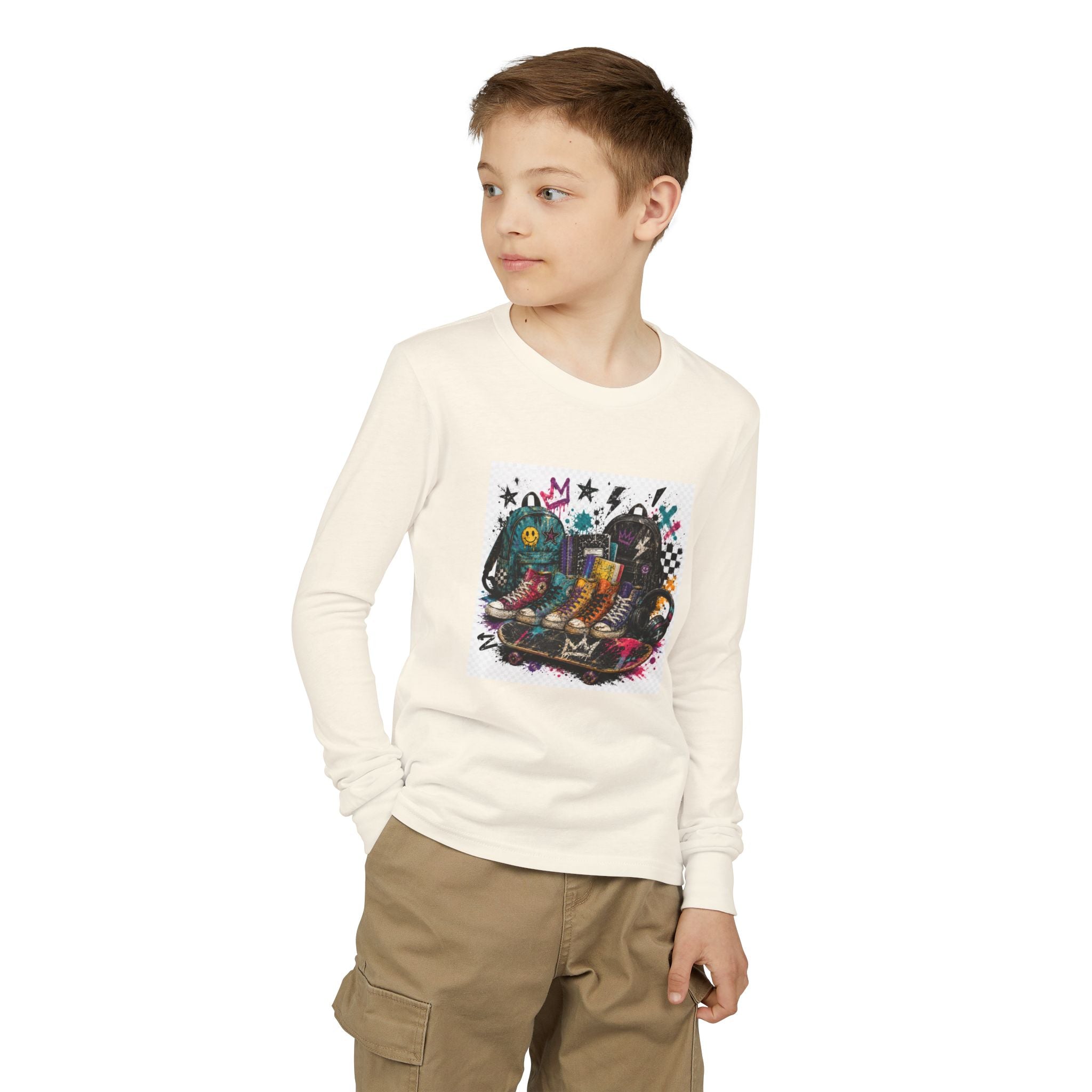 Youth Long Sleeve Tee — Colorful Skateboard & Sneakers Graphic