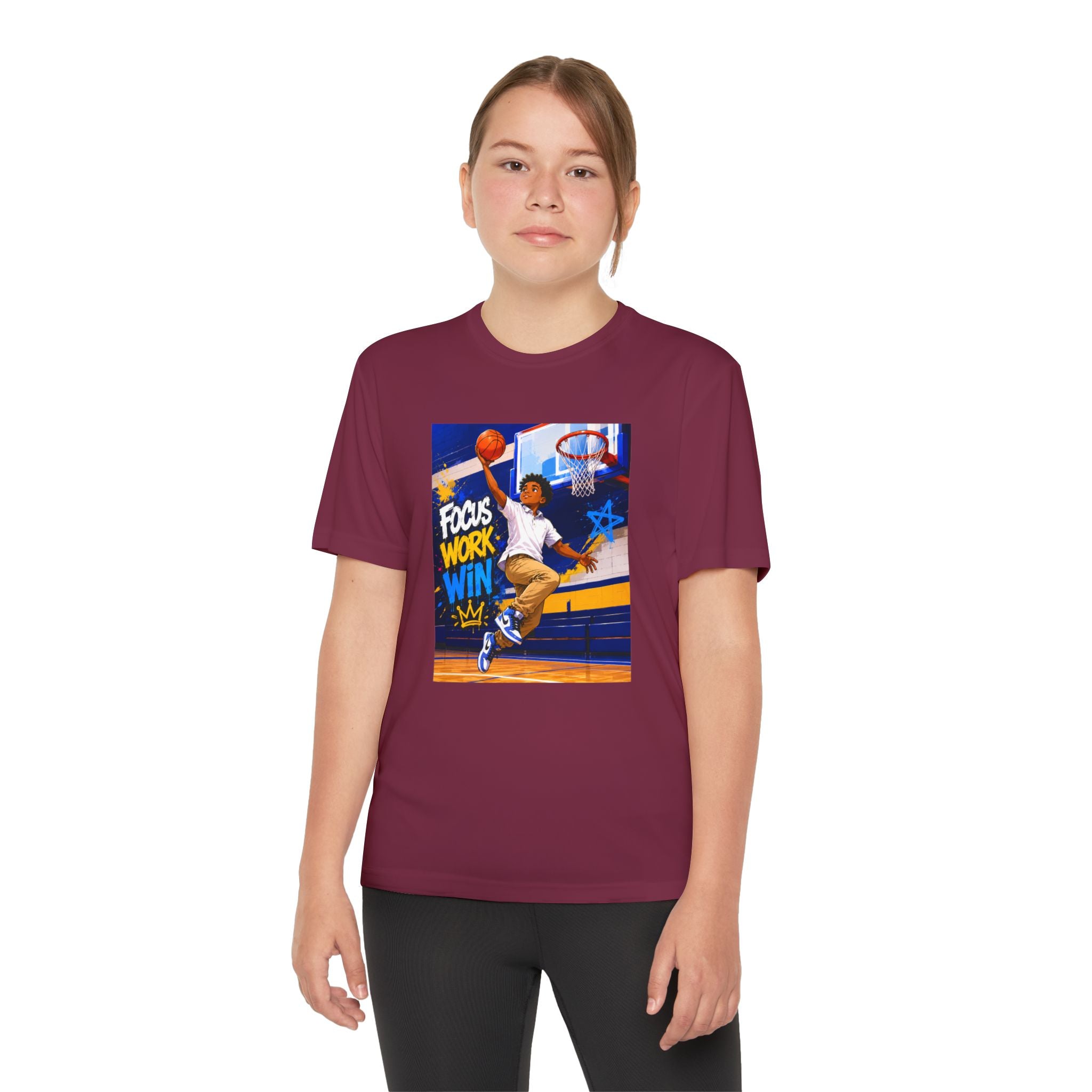 Youth Basketball Tee, Back to School — "Focus Work Win" Personalized Name Jersey
