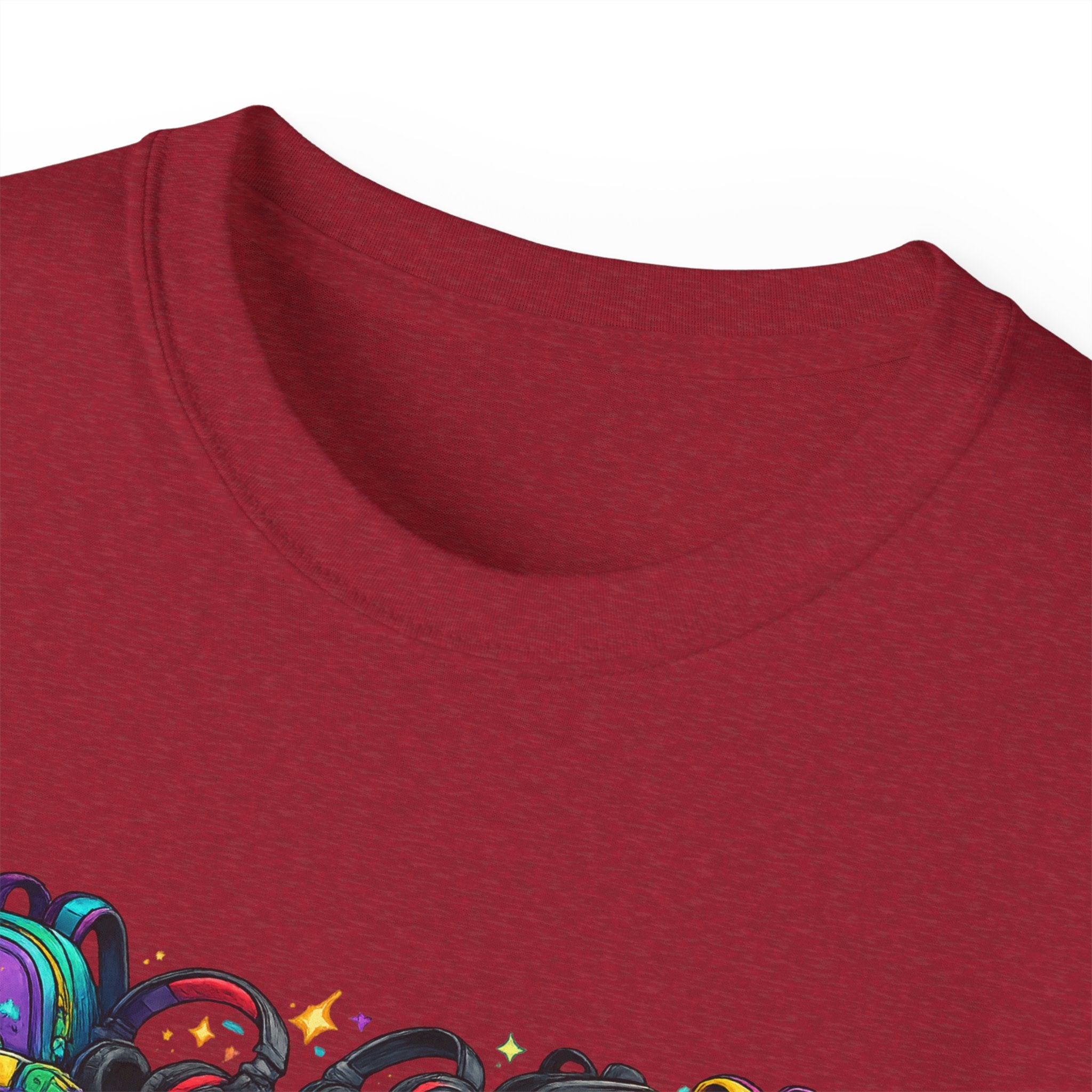 Colorful Sneaker Stack Tee — Graphic Shoe & Backpack Illustration T‑Shirt