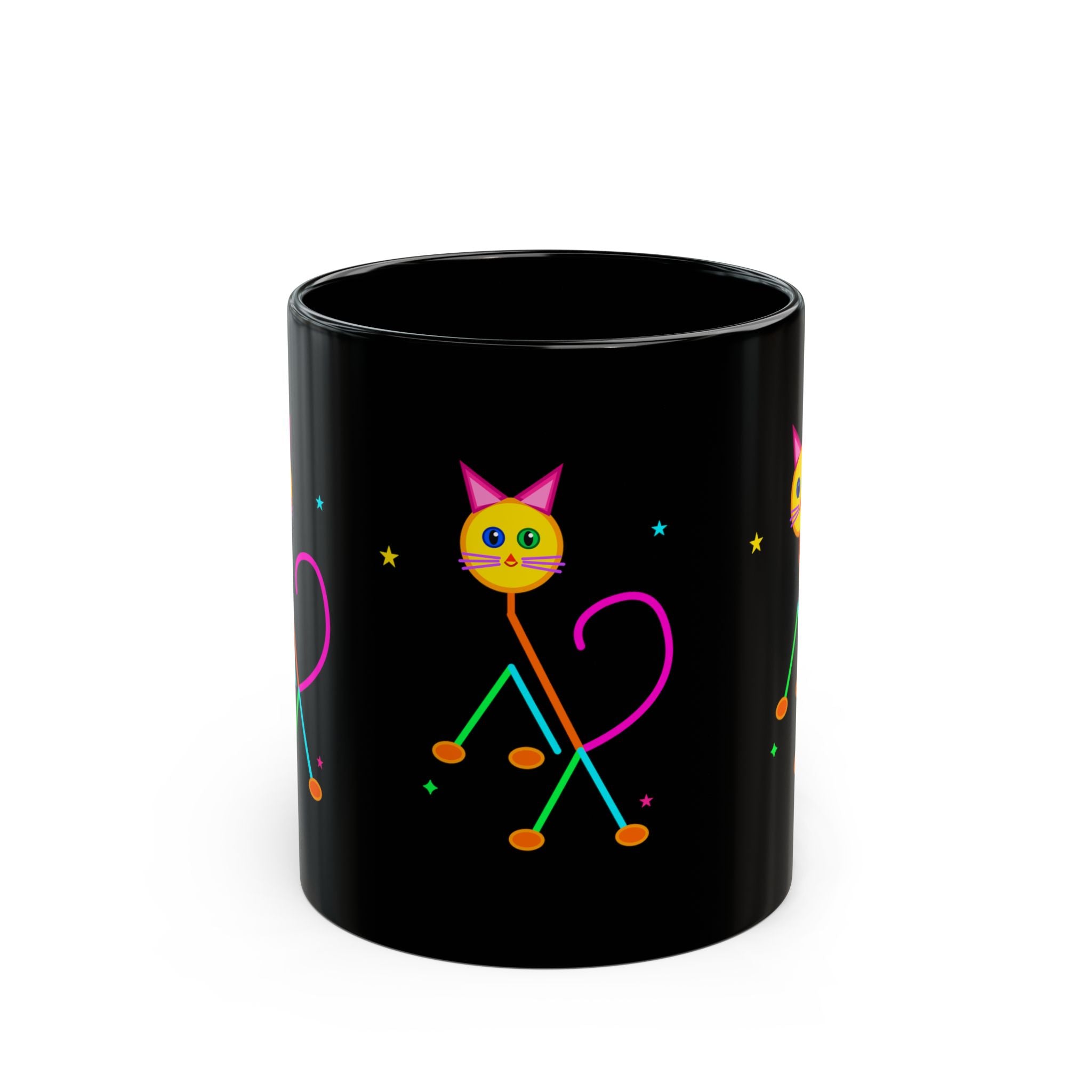 Neon Cat Black Mug — Colorful Retro Cat Coffee Cup (11oz/15oz)