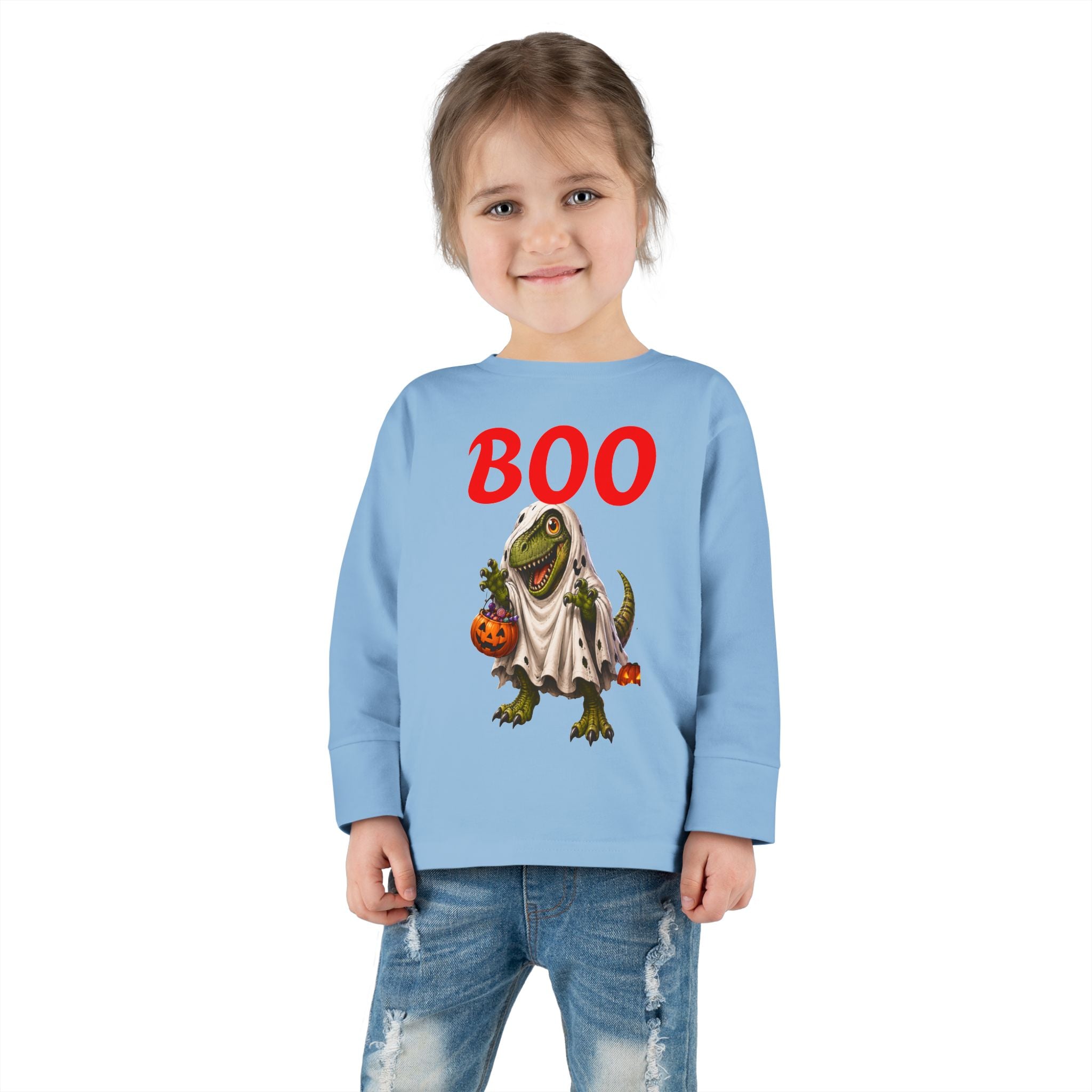 Halloween Toddler Long Sleeve Tee — Cute Dinosaur Ghost "BOO!" Halloween Shirt