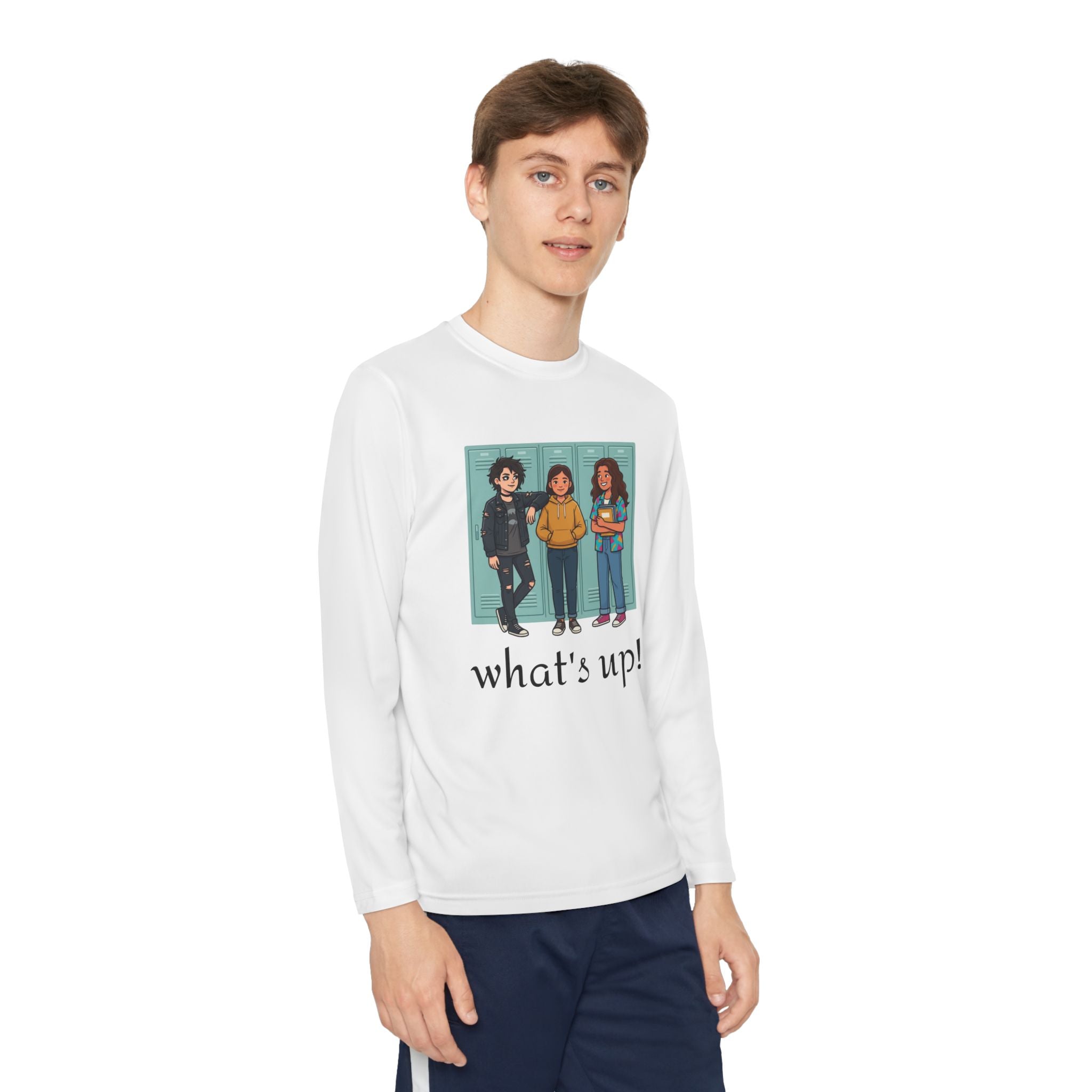 Youth Long Sleeve Tee — "what's up!" Illustrated Friends Graphic