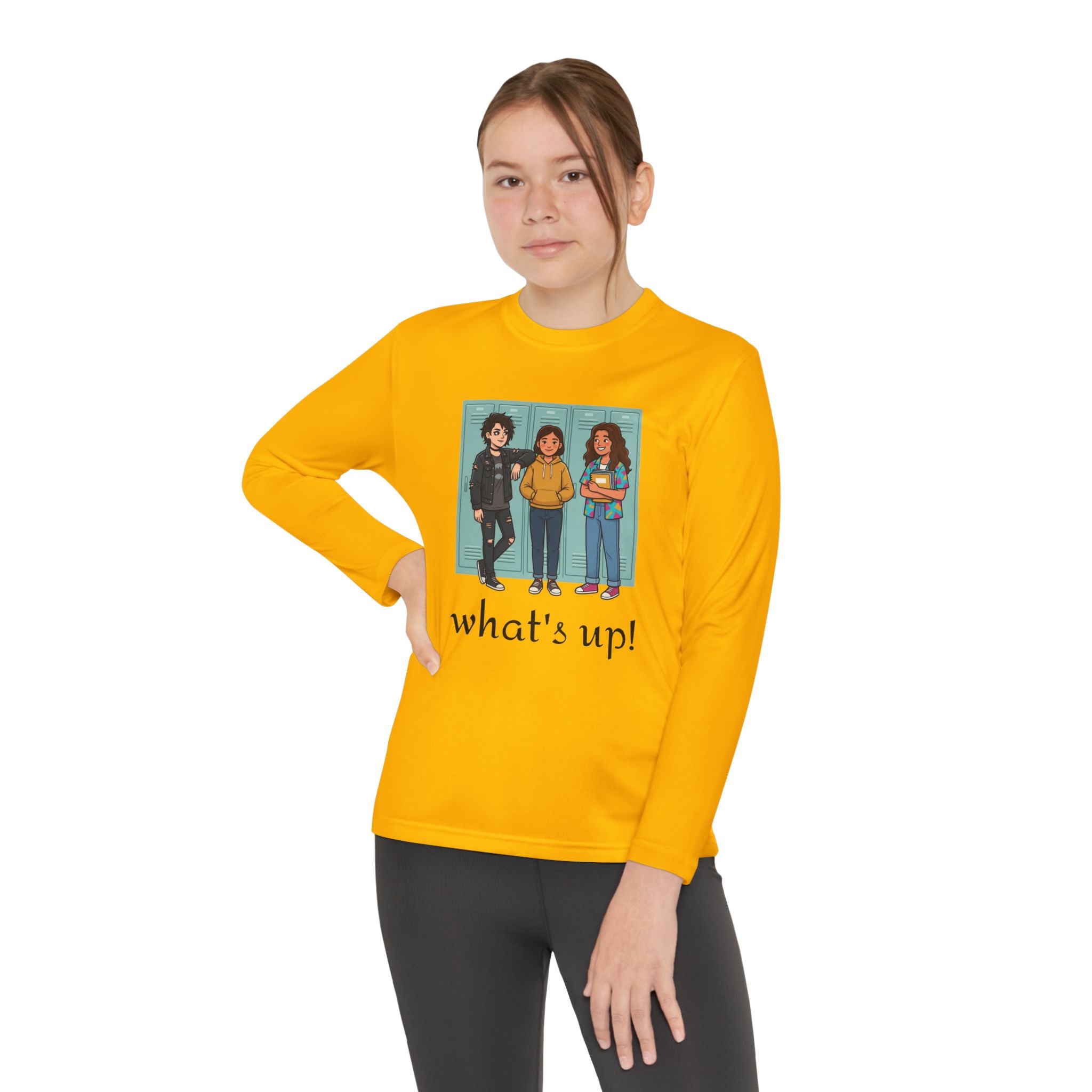 Youth Long Sleeve Tee — "what's up!" Illustrated Friends Graphic