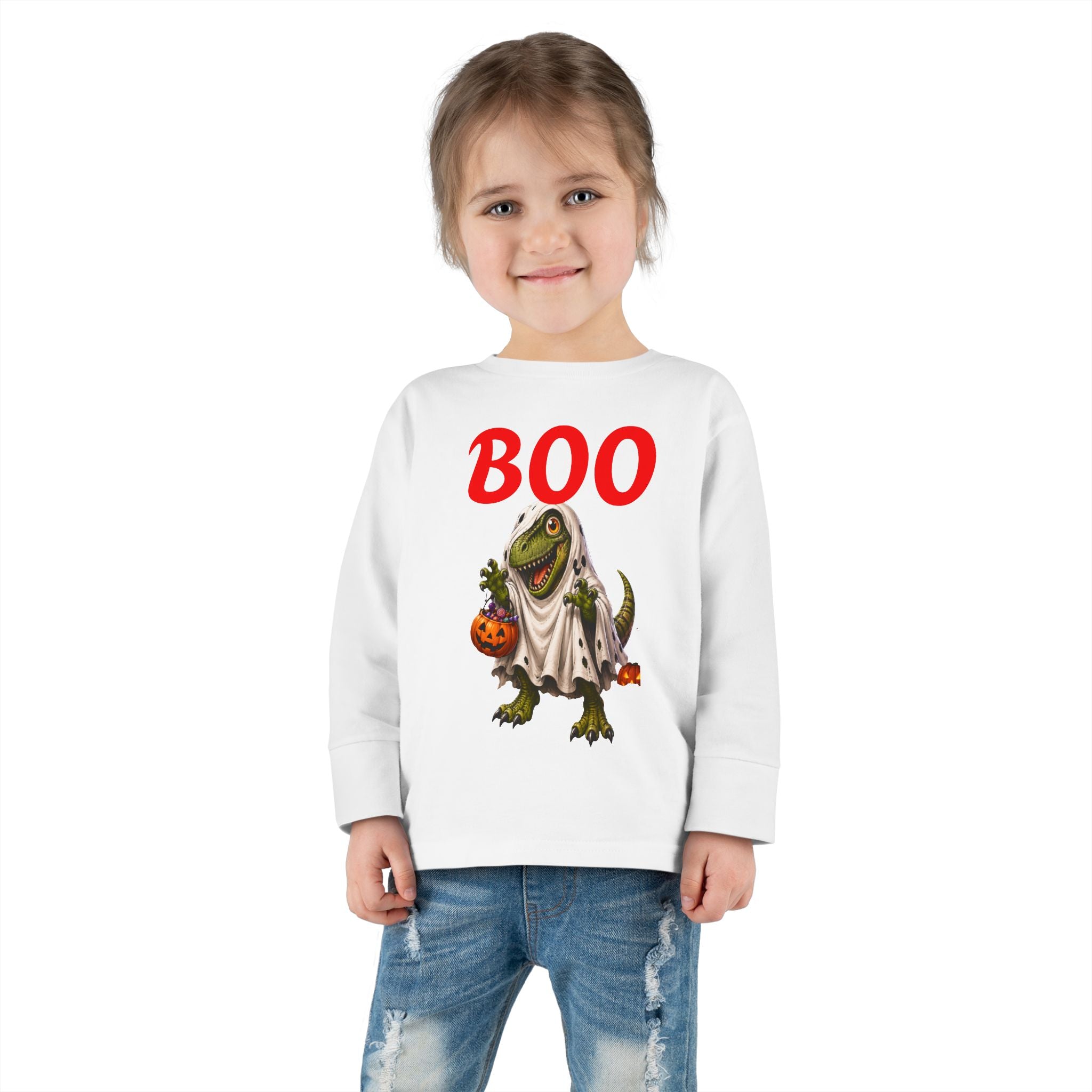 Halloween Toddler Long Sleeve Tee — Cute Dinosaur Ghost "BOO!" Halloween Shirt