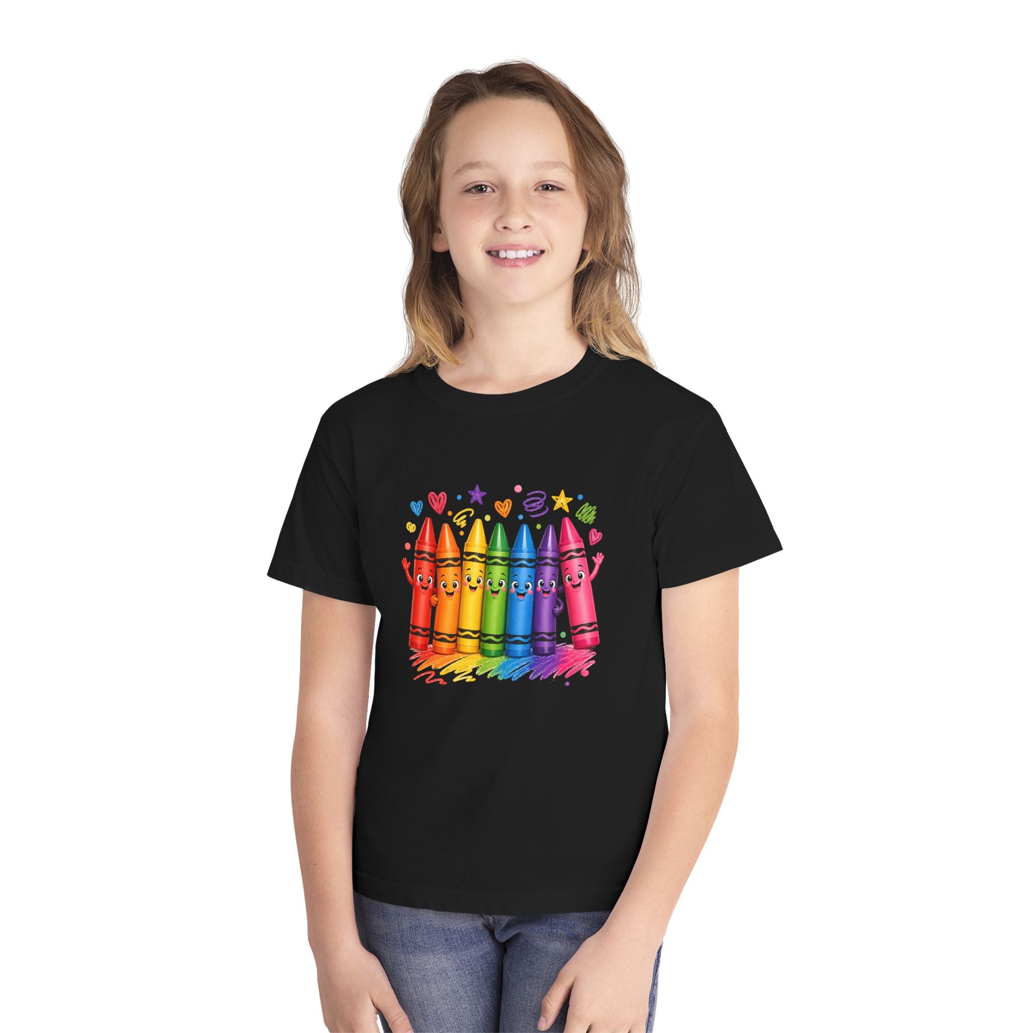 Crayon Crew Kids T‑Shirt — Colorful Rainbow Crayon Friends Tee