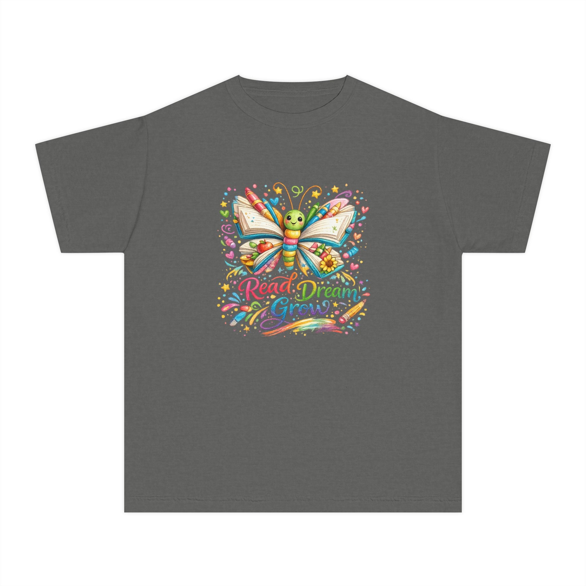 Youth Tee — Colorful Butterfly "Read Dream Grow" Kids Shirt