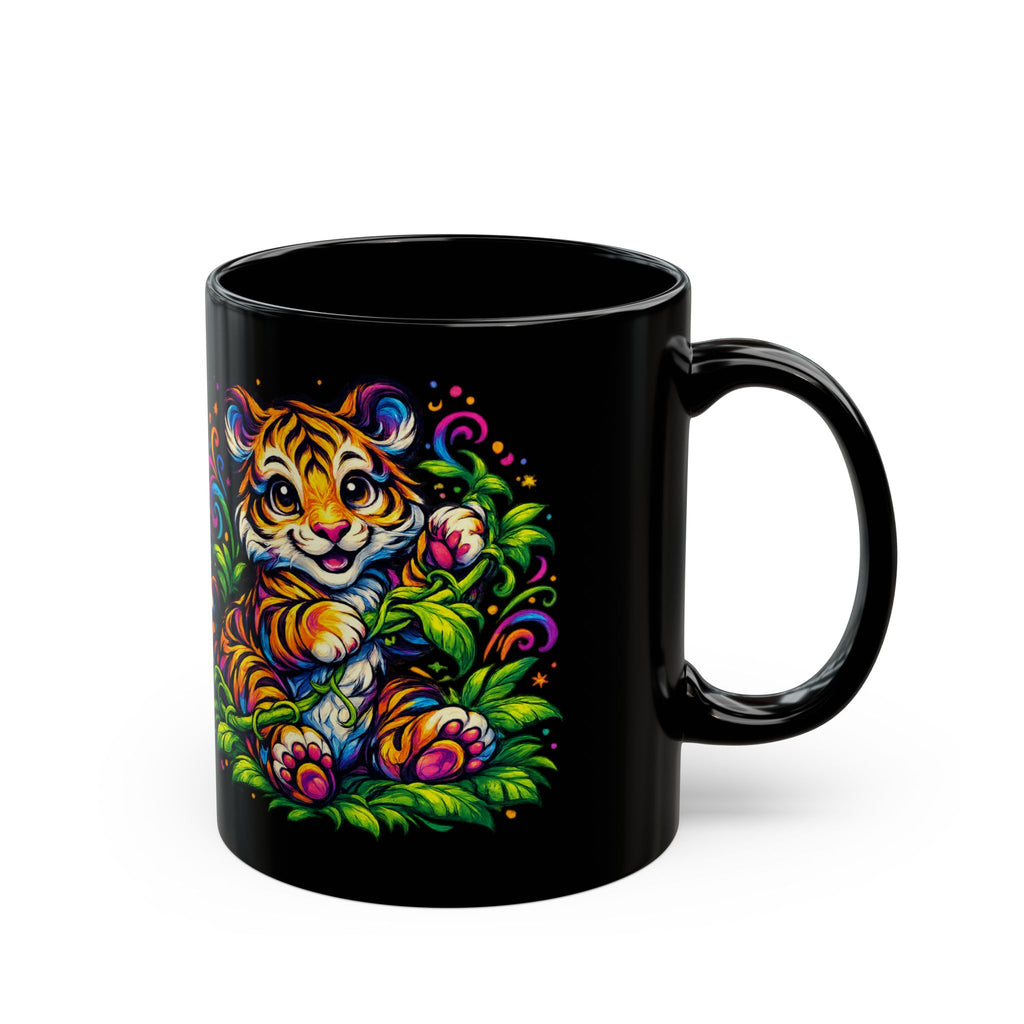 Colorful Baby Tiger Black Mug — Vibrant Neon Animal Coffee Cup (11oz/15oz)