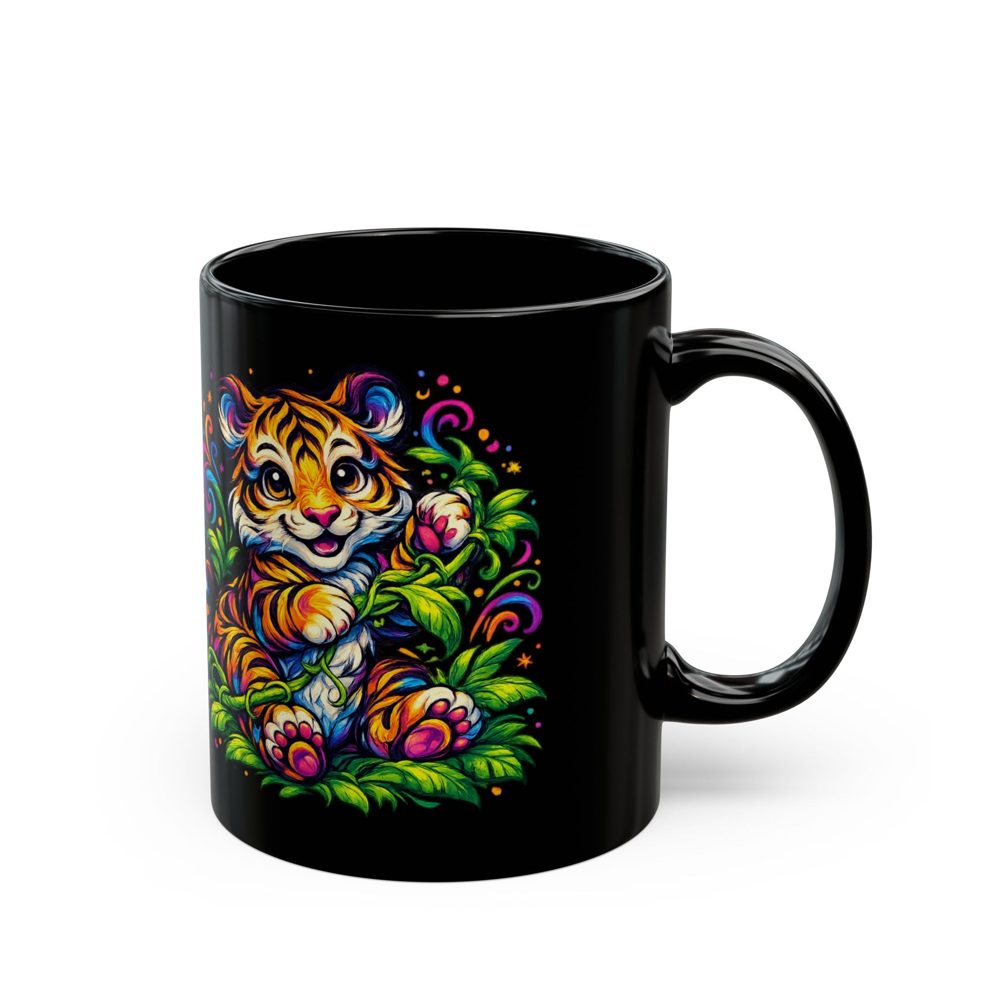 Colorful Baby Tiger Black Mug — Vibrant Neon Animal Coffee Cup (11oz/15oz)