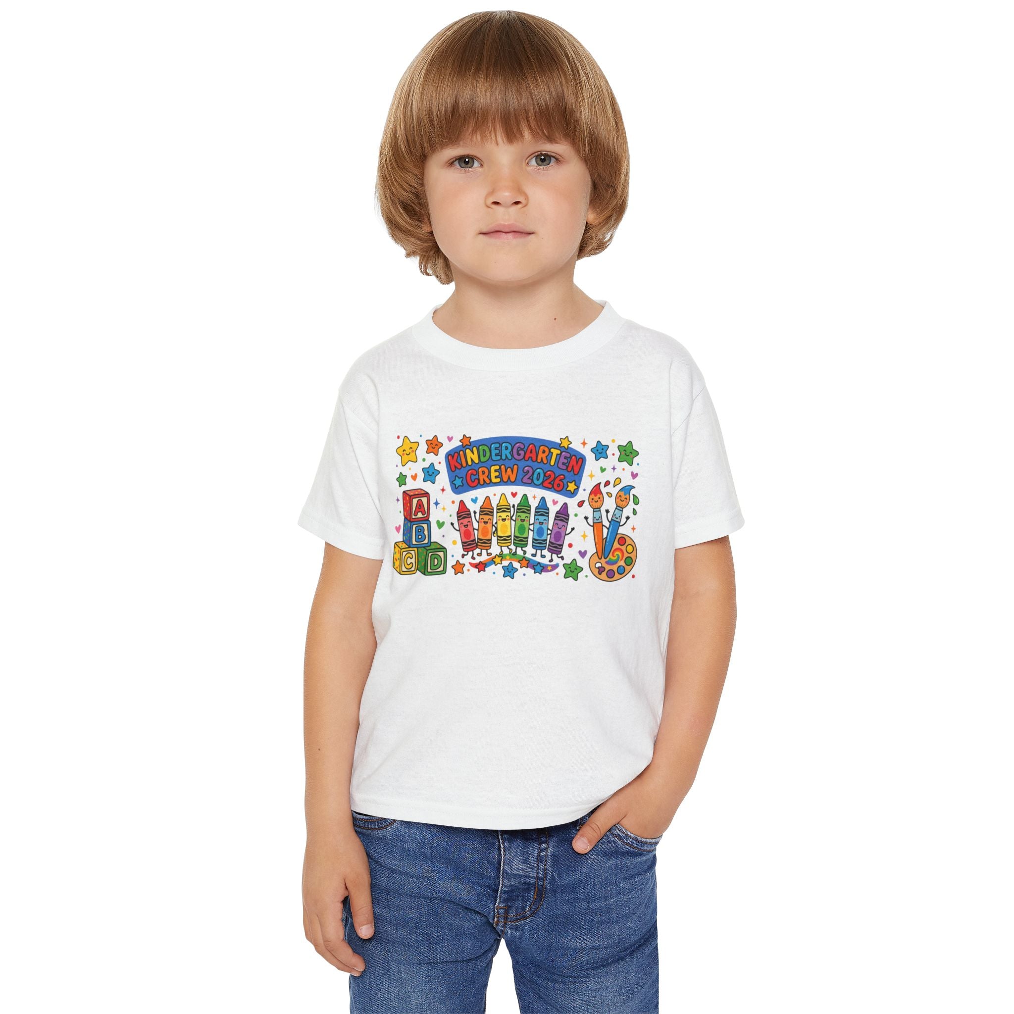 Toddler T-Shirt — "Kindergarten Crew 2026" Colorful Crayons & Blocks Back-to-School Tee