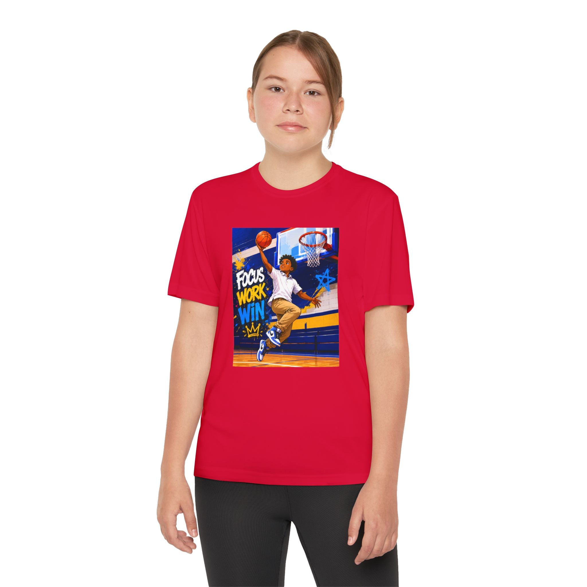Youth Basketball Tee, Back to School — "Focus Work Win" Personalized Name Jersey