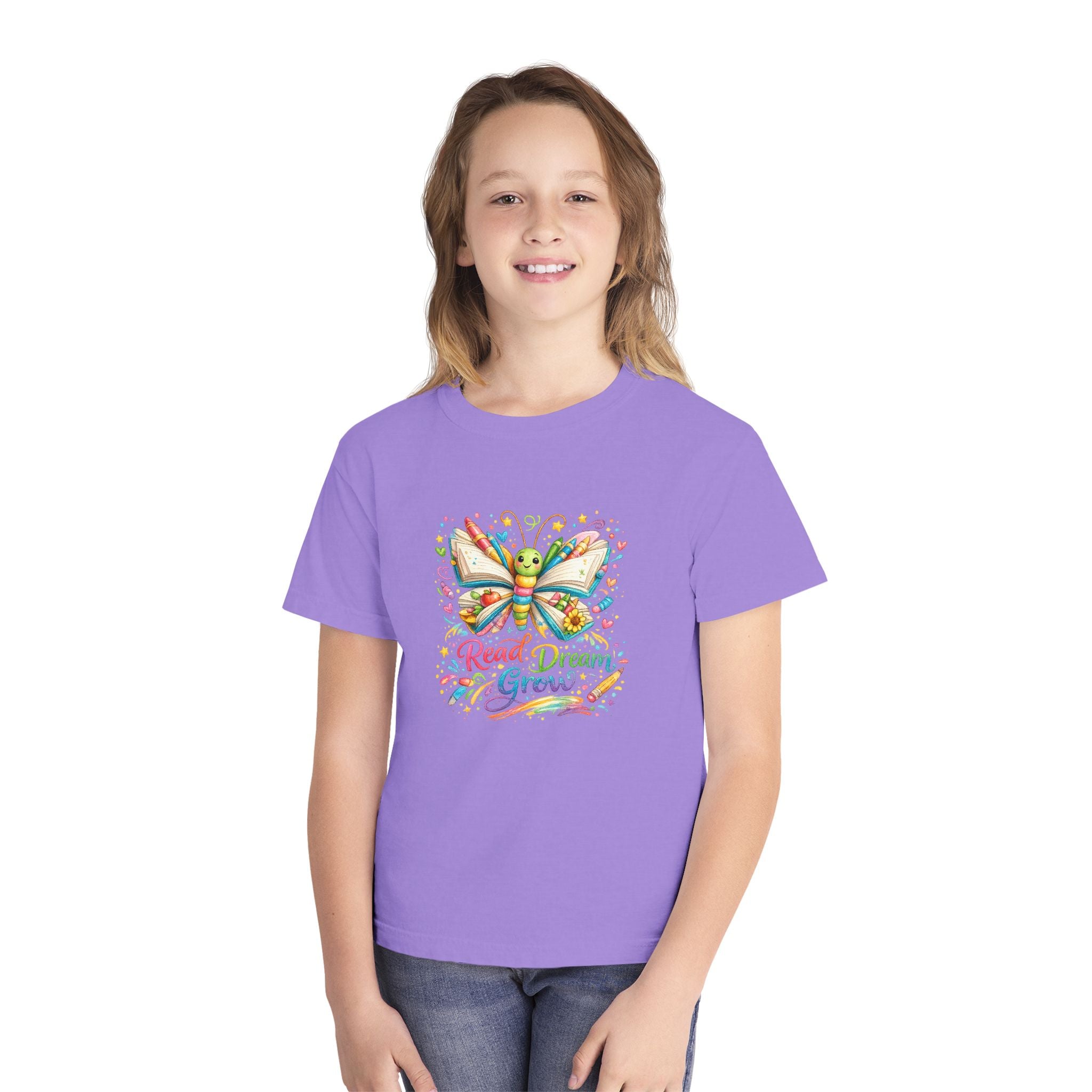 Youth Tee — Colorful Butterfly "Read Dream Grow" Kids Shirt