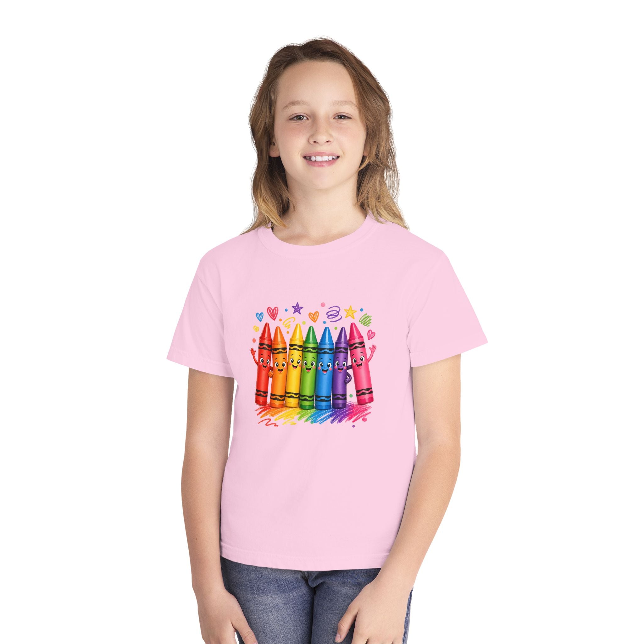 Crayon Crew Kids T‑Shirt — Colorful Rainbow Crayon Friends Tee