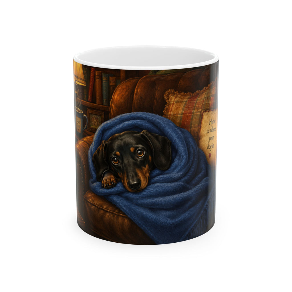 Dachshund Cozy Blanket Ceramic Mug – Cute Wrapped Dog Coffee Cup (11oz/15oz)