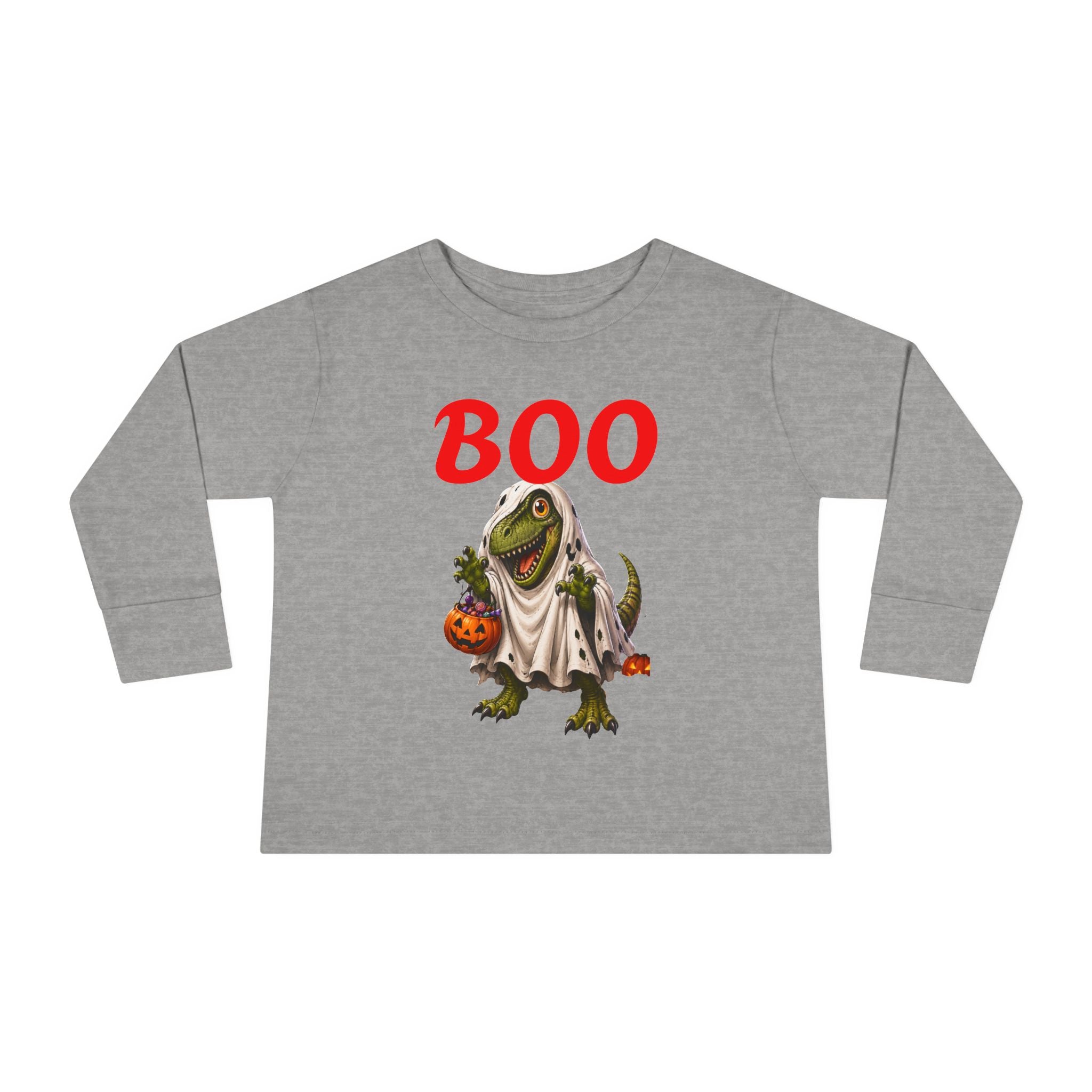 Halloween Toddler Long Sleeve Tee — Cute Dinosaur Ghost "BOO!" Halloween Shirt