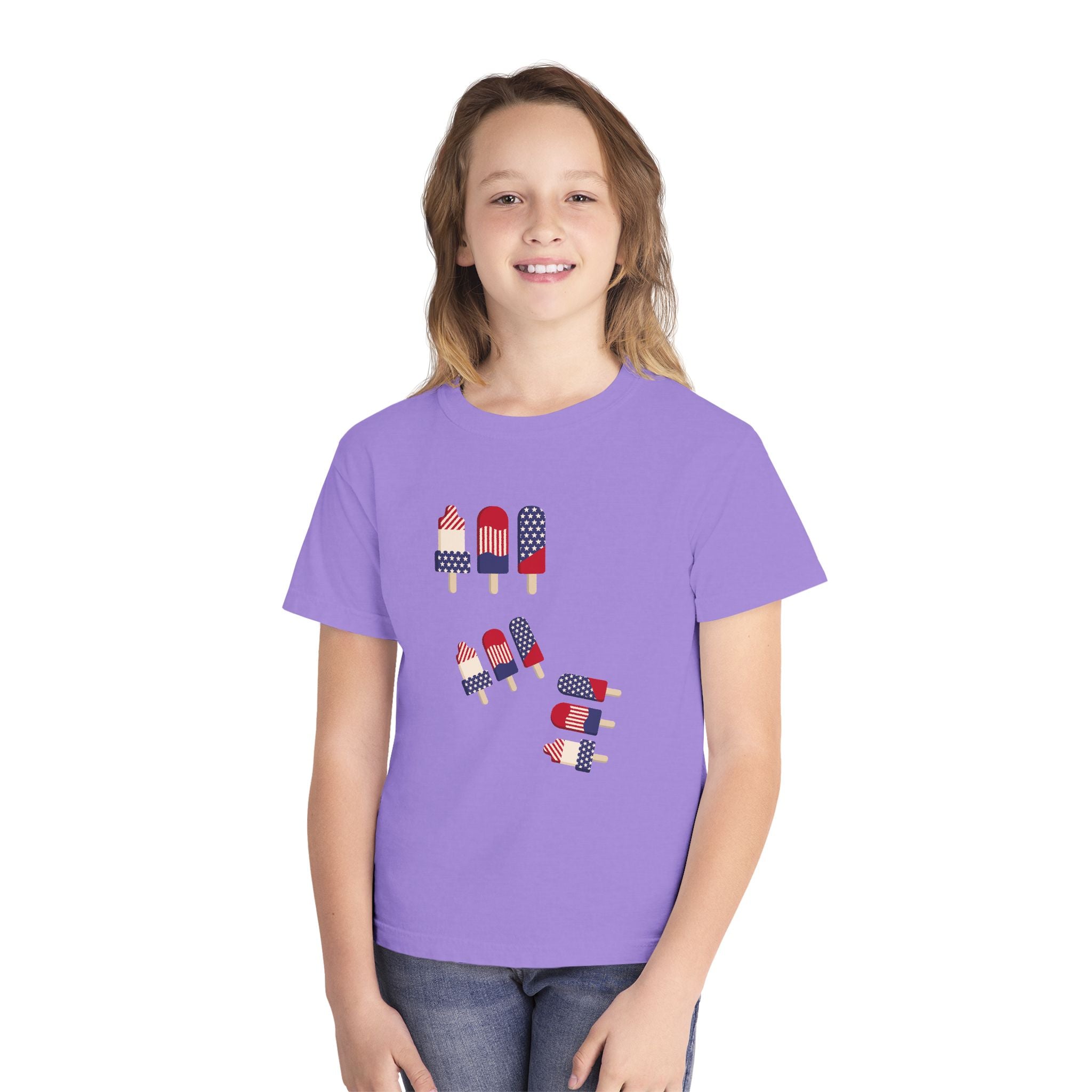 Youth Ice Pop Tee — Patriotic American Flag Popsicle Kids T‑Shirt (Custom Name Option)