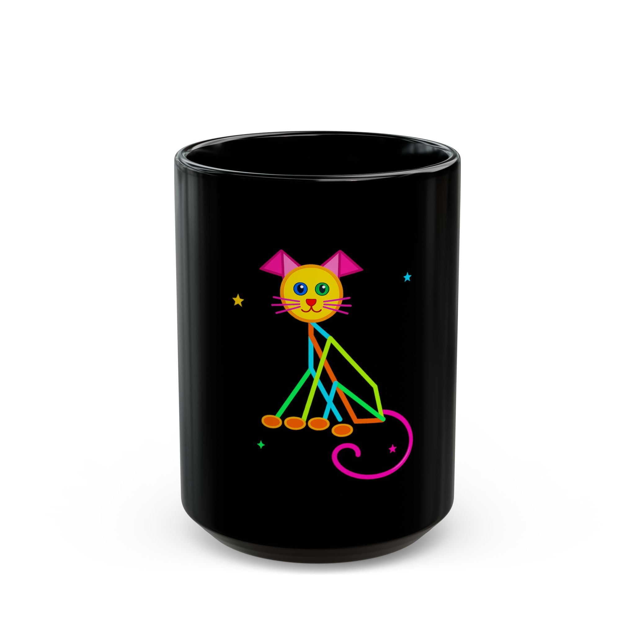 Neon Geometric Dog Black Mug – Colorful Playful Pet Lover Coffee Cup (11oz/15oz)
