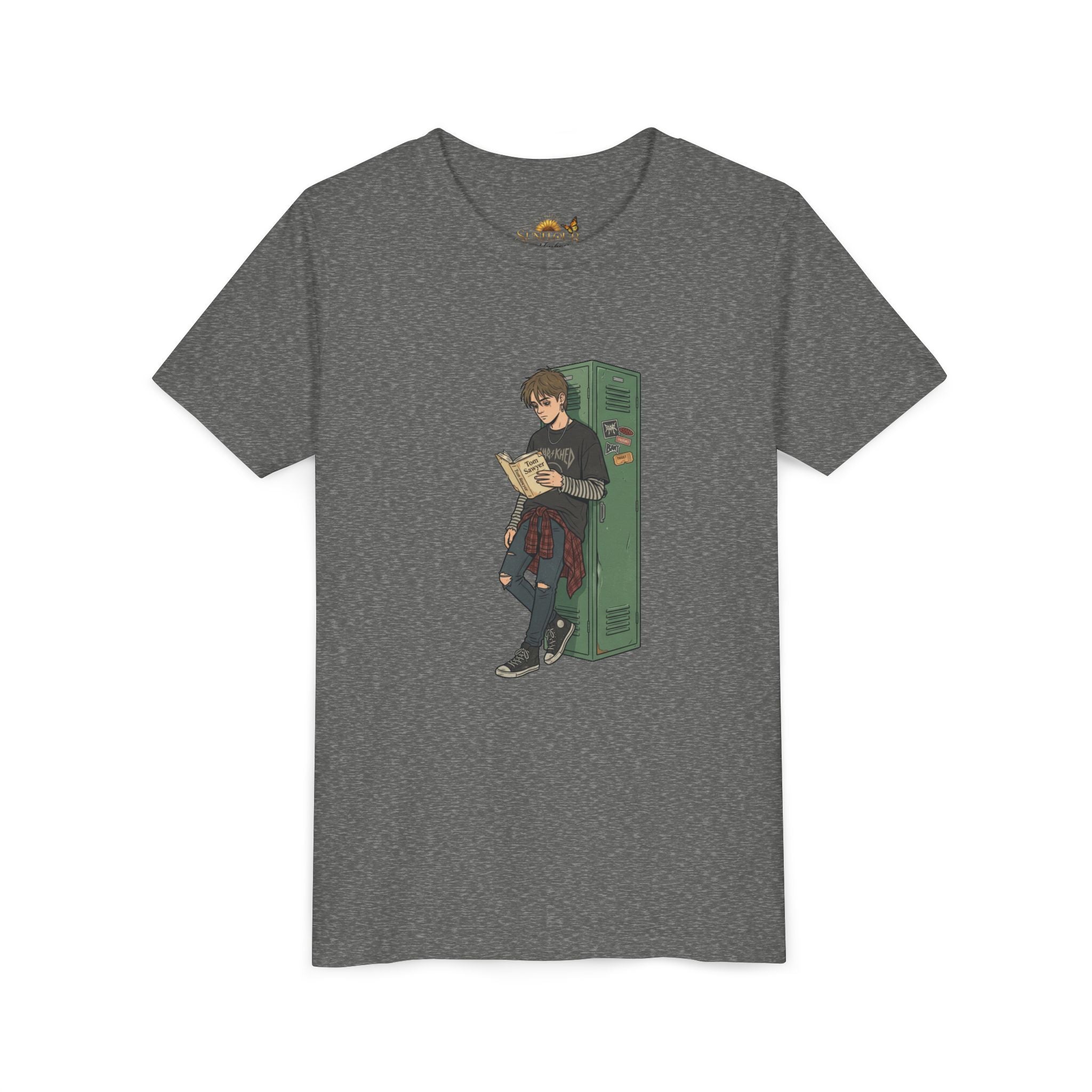 Youth Graphic Tee — Teen Boy Reading by Locker Illustration
