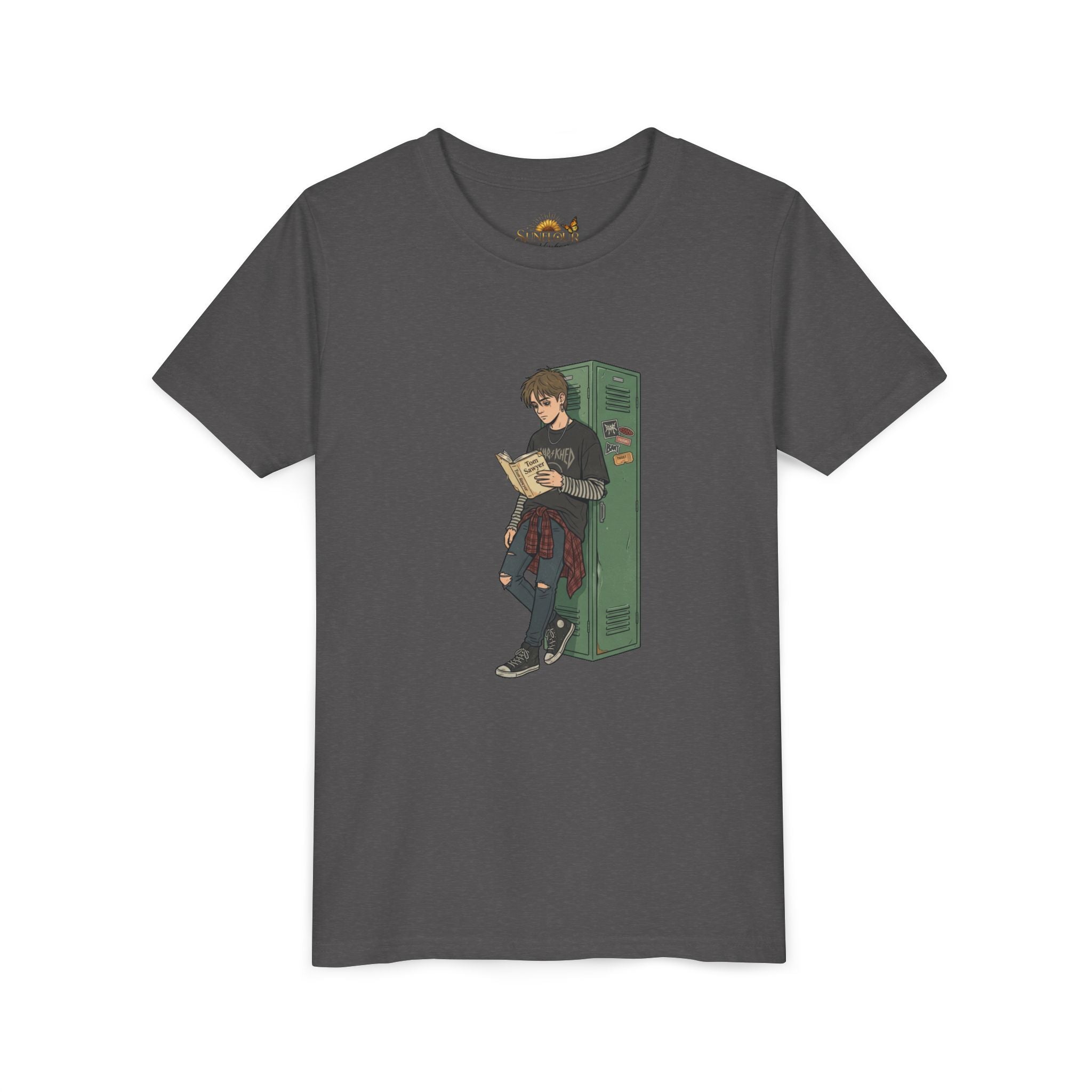 Youth Graphic Tee — Teen Boy Reading by Locker Illustration