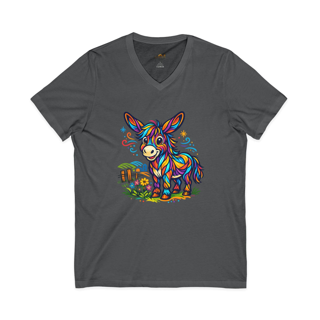 Colorful Donkey V-Neck Tee — Whimsical Farm Animal Graphic Shirt
