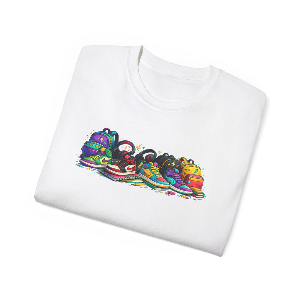 Colorful Sneaker Stack Tee — Graphic Shoe & Backpack Illustration T‑Shirt