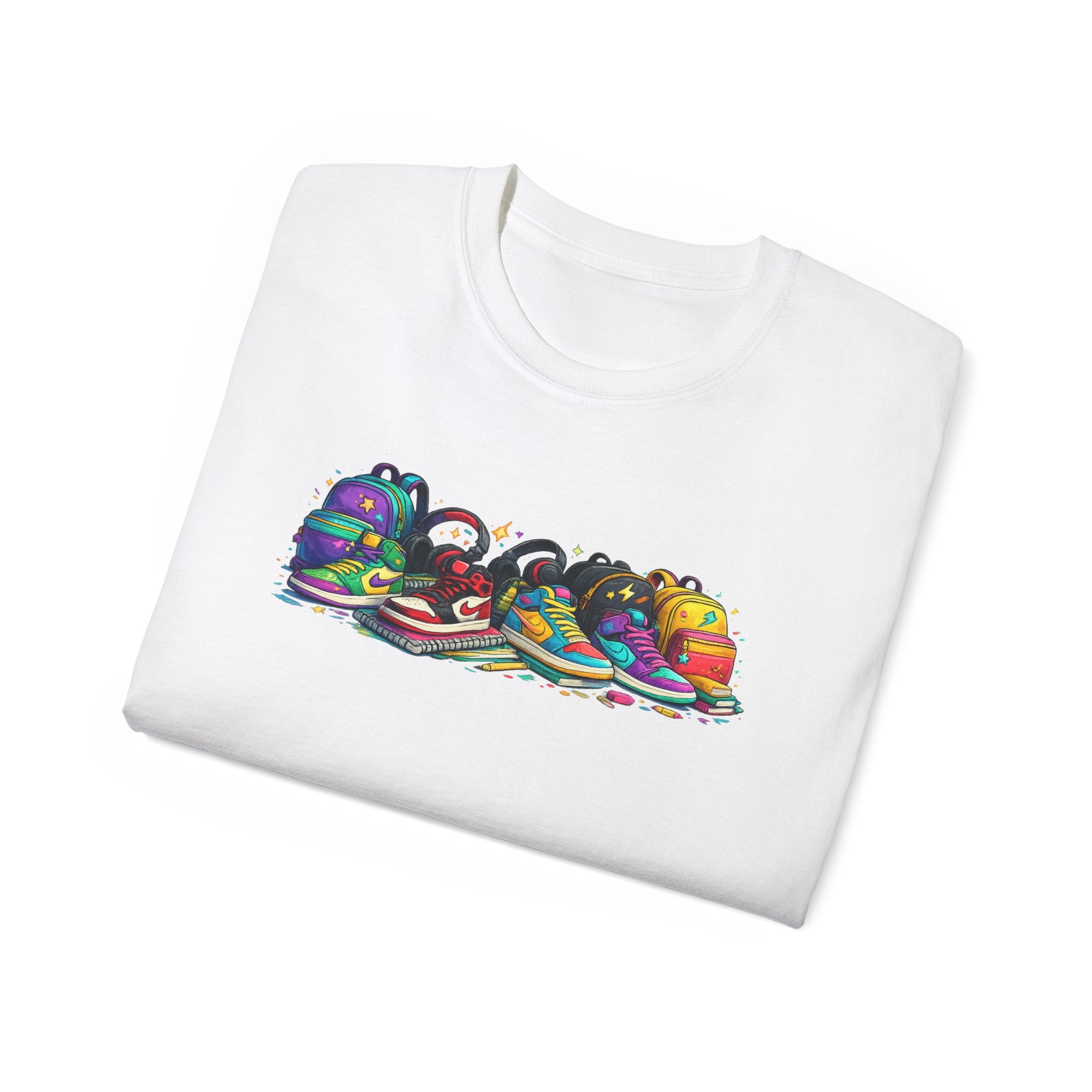 Colorful Sneaker Stack Tee — Graphic Shoe & Backpack Illustration T‑Shirt