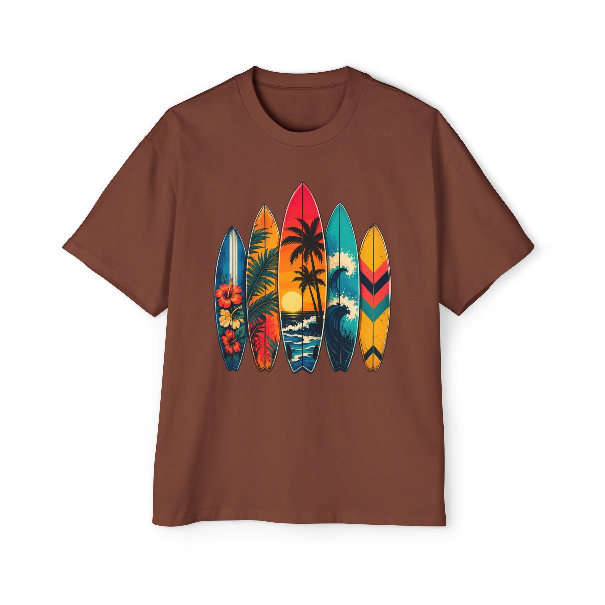 Surfboard Graphic Tee — Vintage Tropical Beach Shirt for Men