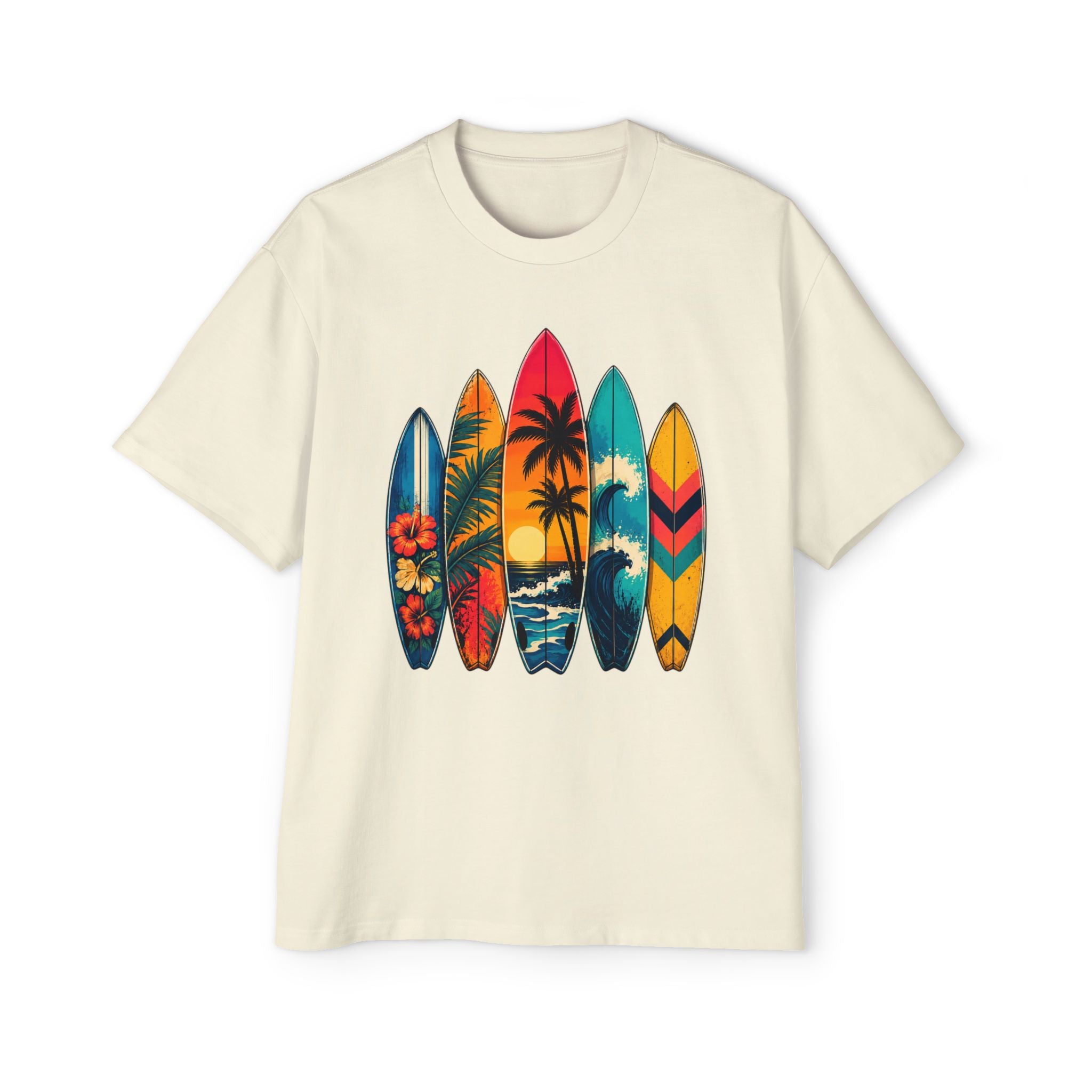 Surfboard Graphic Tee — Vintage Tropical Beach Shirt for Men