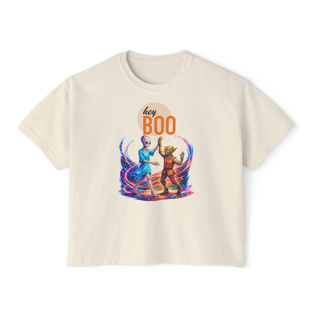 Hey Boo Halloween Tee — Outer Space Dance Couple Graphic Boxy Tee