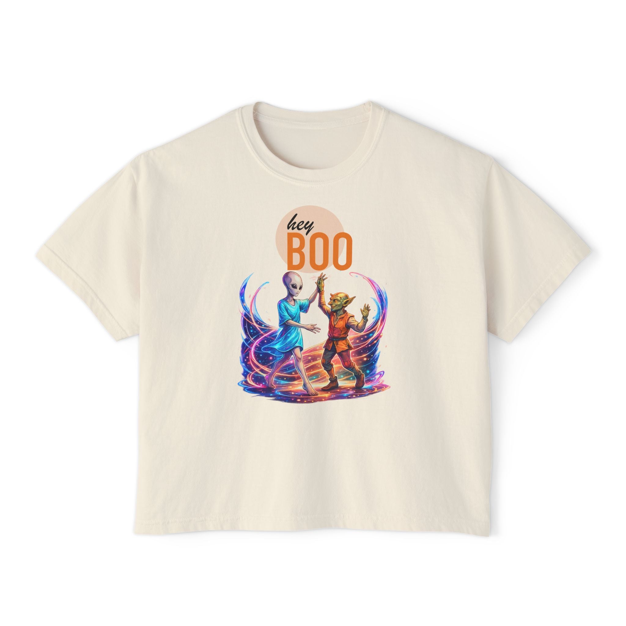 Hey Boo Halloween Tee — Outer Space Dance Couple Graphic Boxy Tee