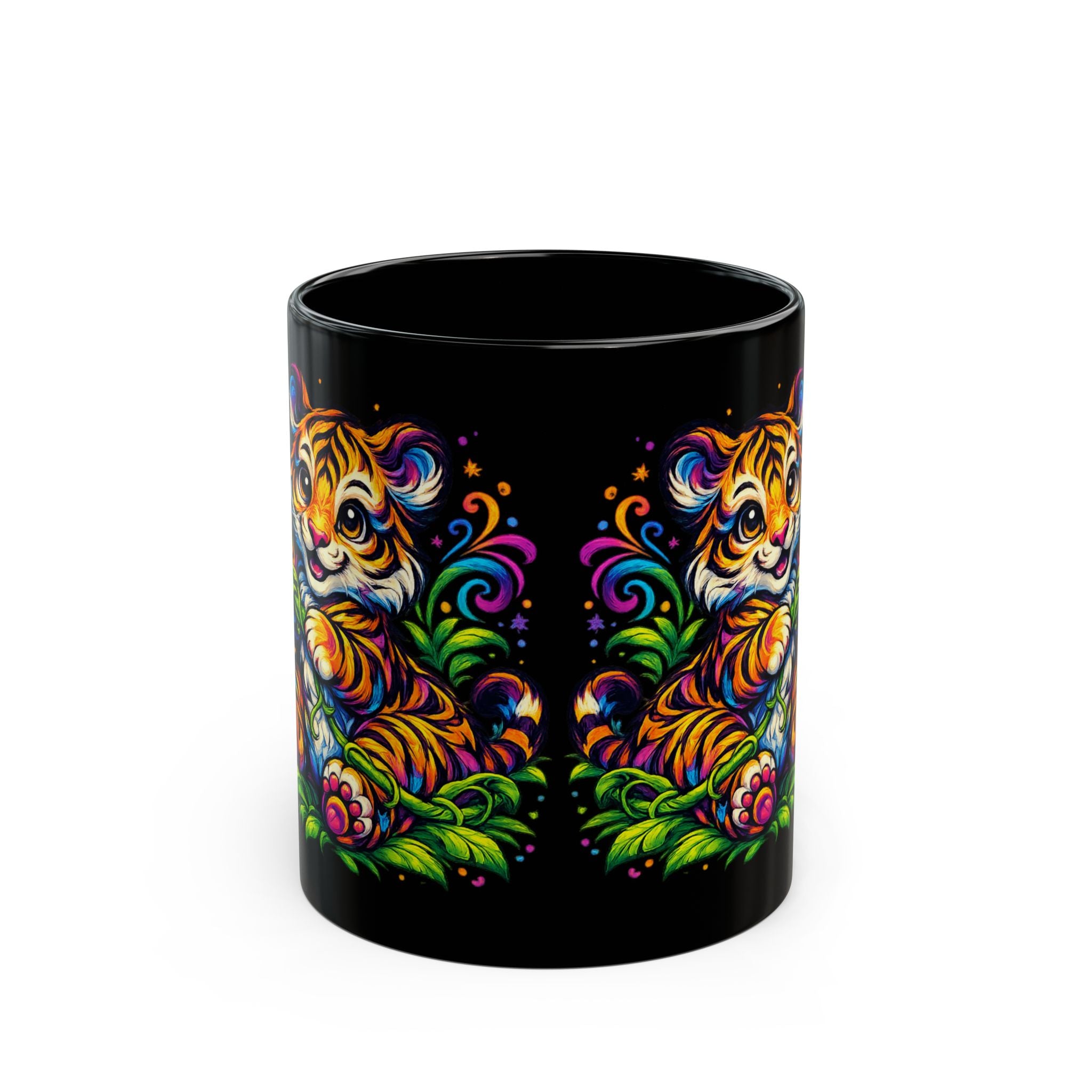 Colorful Baby Tiger Black Mug — Vibrant Neon Animal Coffee Cup (11oz/15oz)