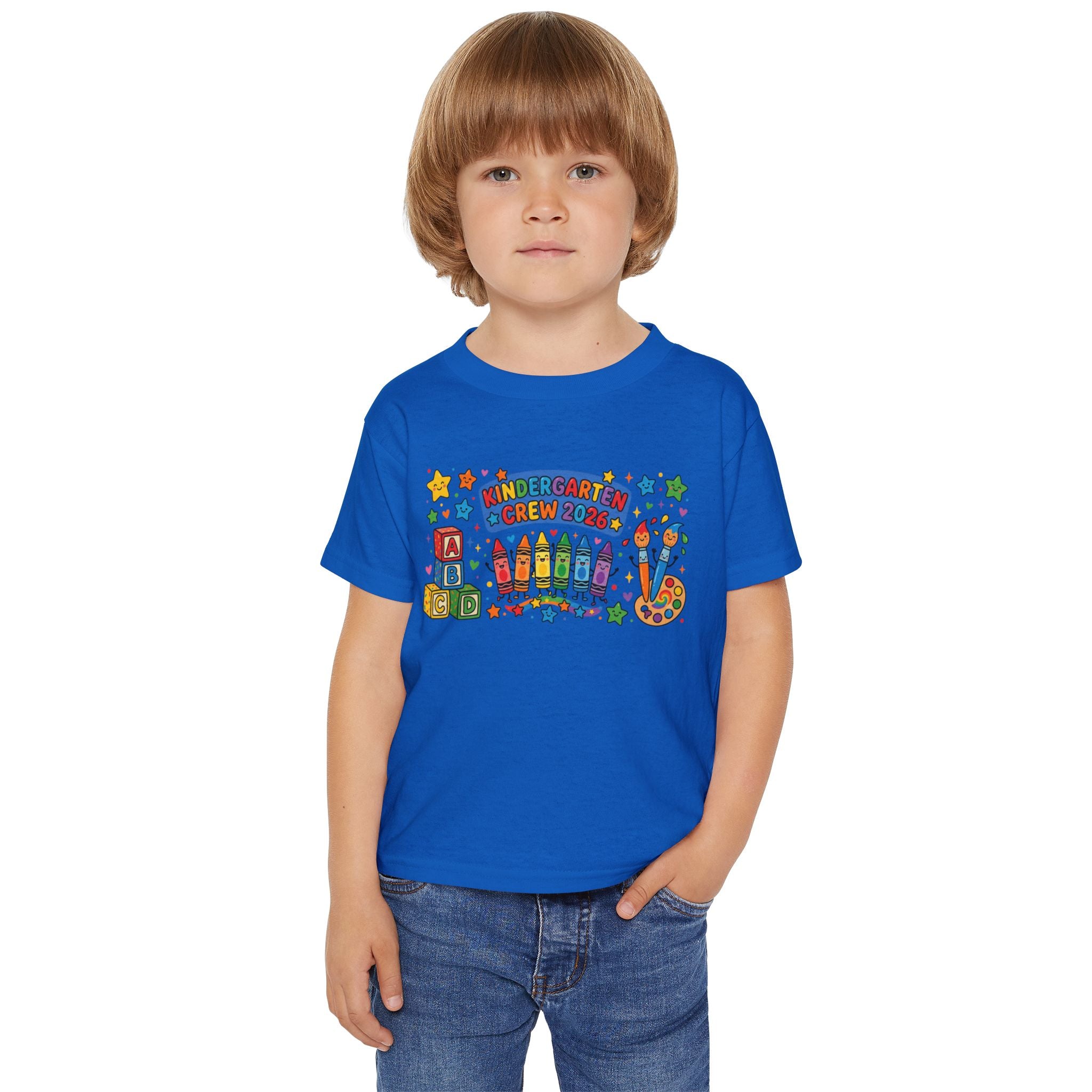 Toddler T-Shirt — "Kindergarten Crew 2026" Colorful Crayons & Blocks Back-to-School Tee
