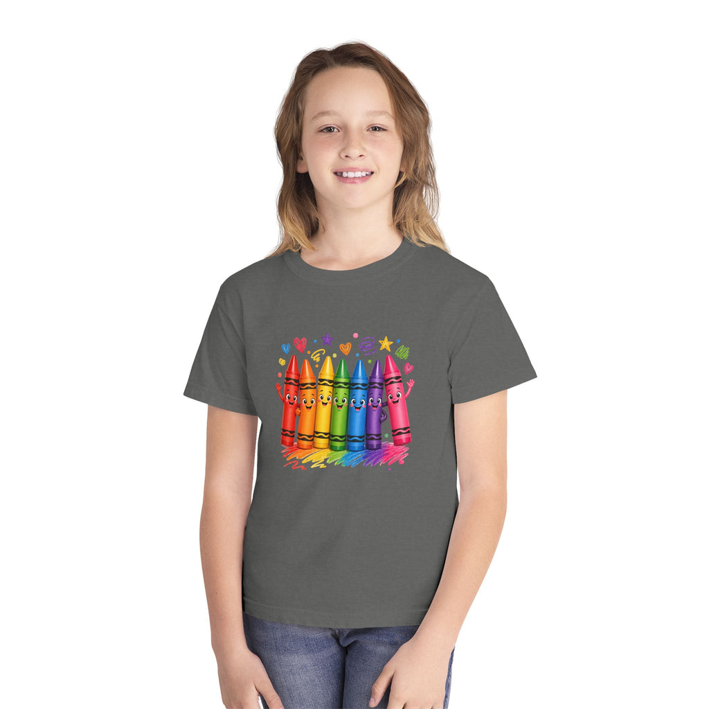 Crayon Crew Kids T‑Shirt — Colorful Rainbow Crayon Friends Tee