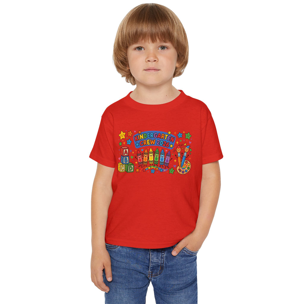 Toddler T-Shirt — "Kindergarten Crew 2026" Colorful Crayons & Blocks Back-to-School Tee