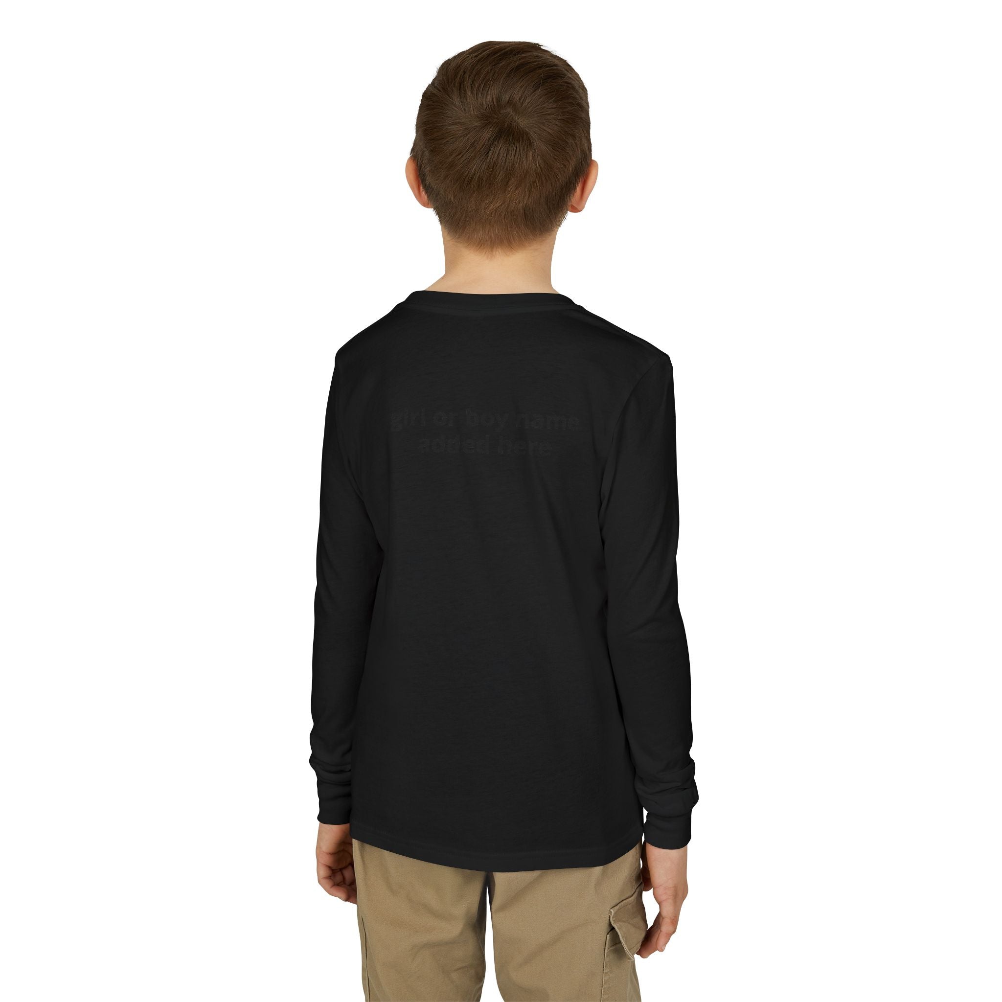 Youth Long Sleeve Tee — Spooky Dinosaur Jack-O'-Lantern Halloween Shirt (Custom Name)