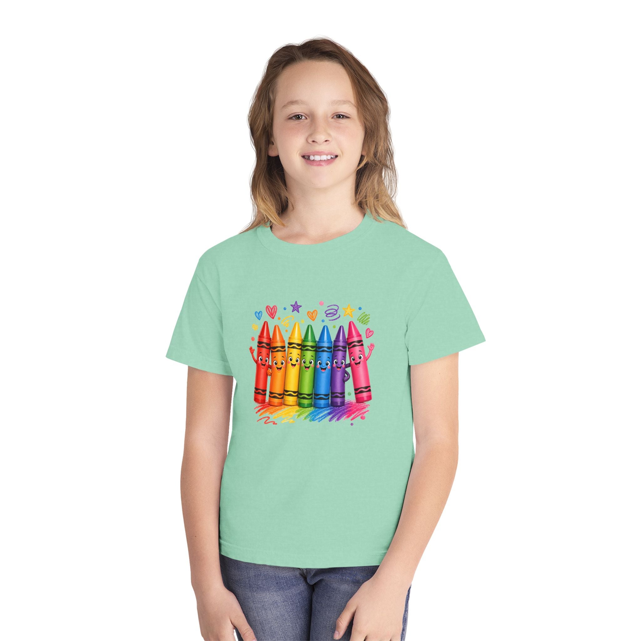 Crayon Crew Kids T‑Shirt — Colorful Rainbow Crayon Friends Tee